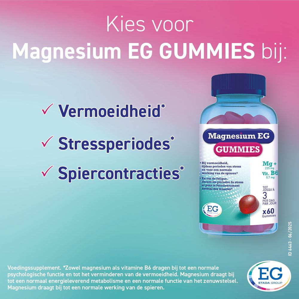 Fles Magnesium EG GUMMIES. Opschrift: Magnesium EG GUMMIES. Tekst: Vermoeidheid, stress, spiercontracties.
