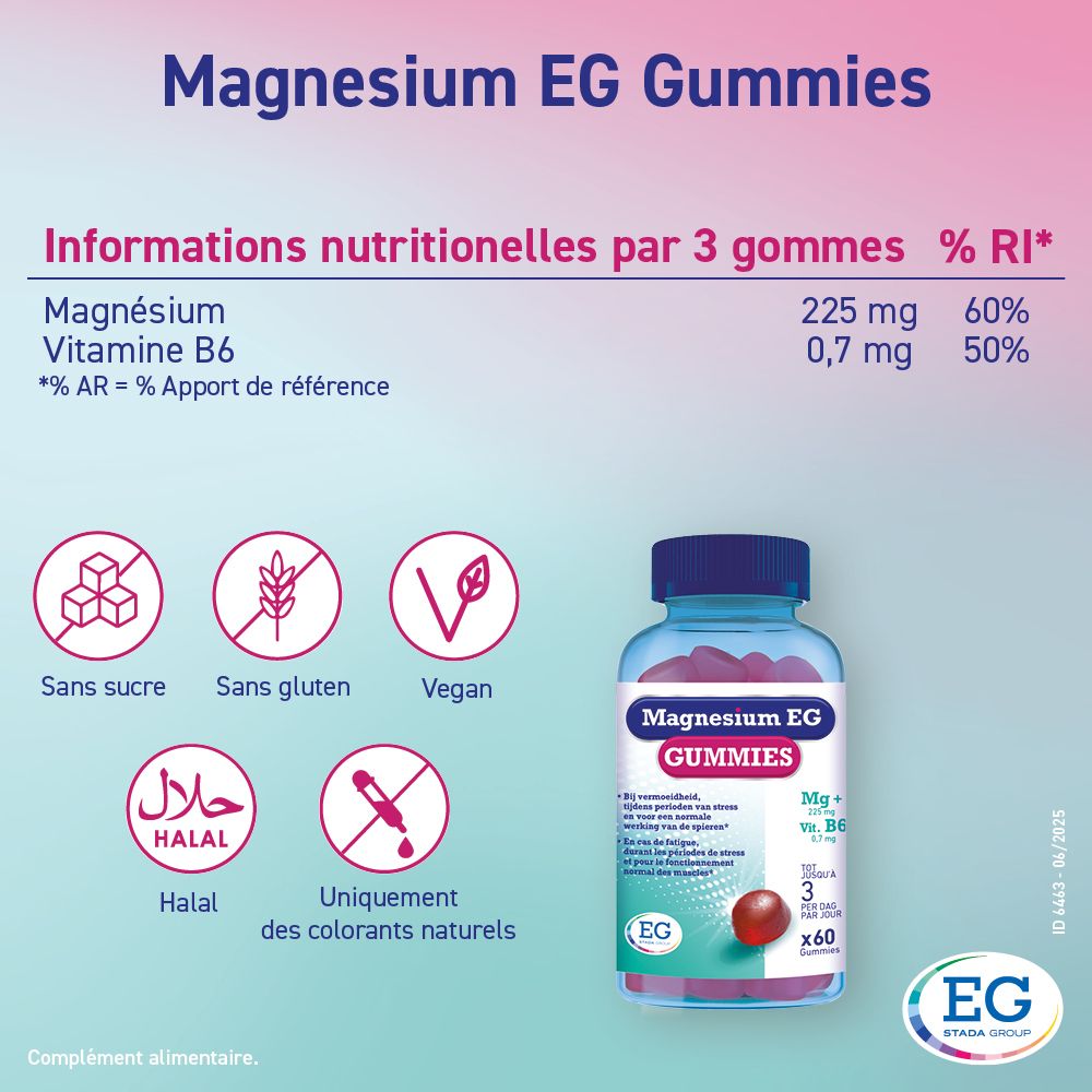 Tableau avec informations nutritionnelles pour Magnesium EG GUMMIES. Inscription: Magnesium EG GUMMIES.
