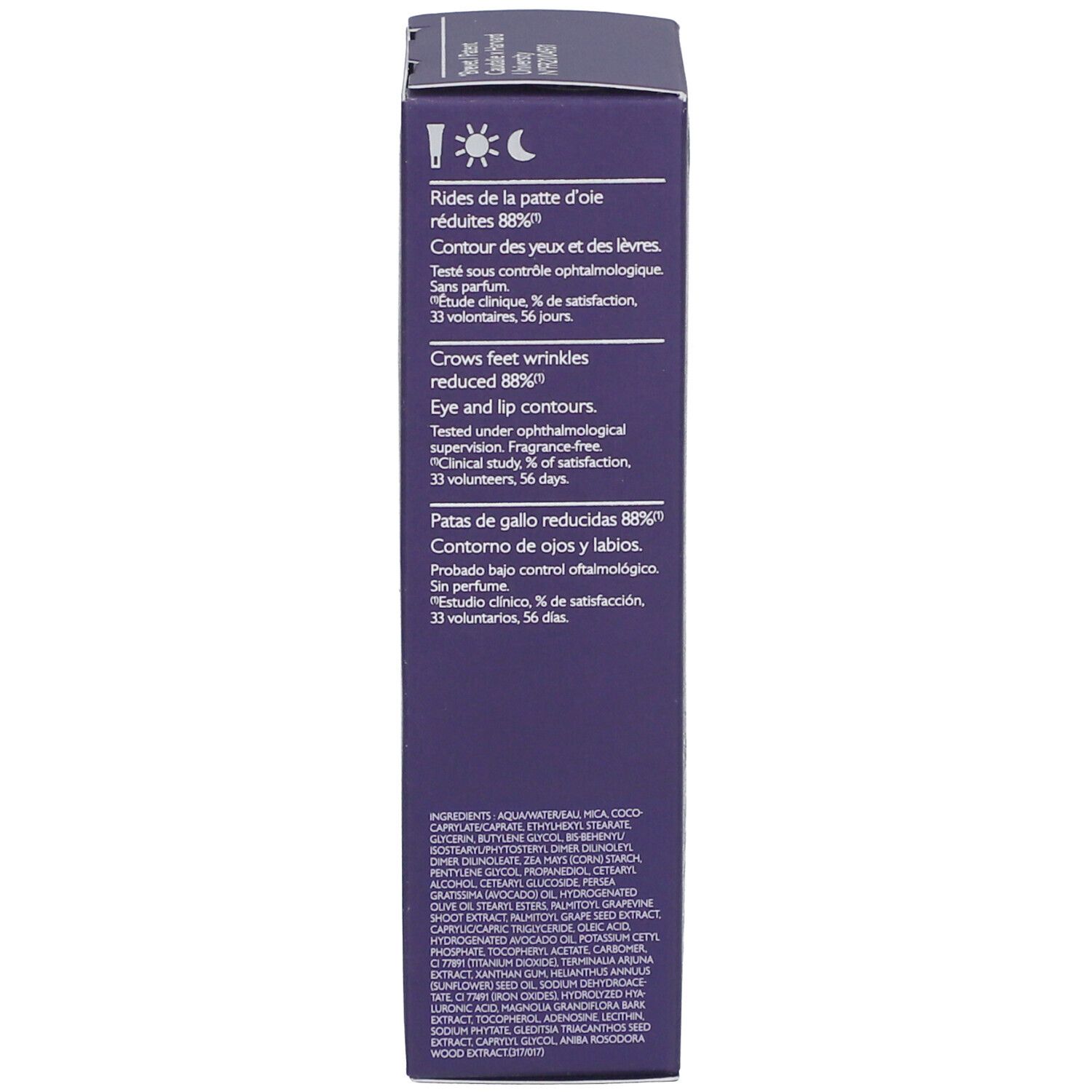 Rückseite der Schachtel mit Text in mehreren Sprachen. Enthält Produktinformationen und Inhaltsstoffe.