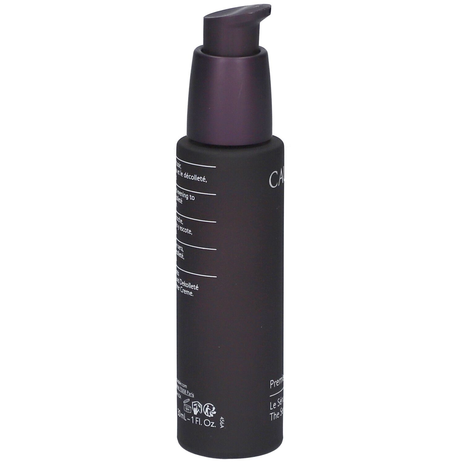 Dunkelviolette Flasche mit Pumpe. Text: Caudalie, Premier Cru, Le Sérum. 30ml - 1 Fl. Oz.