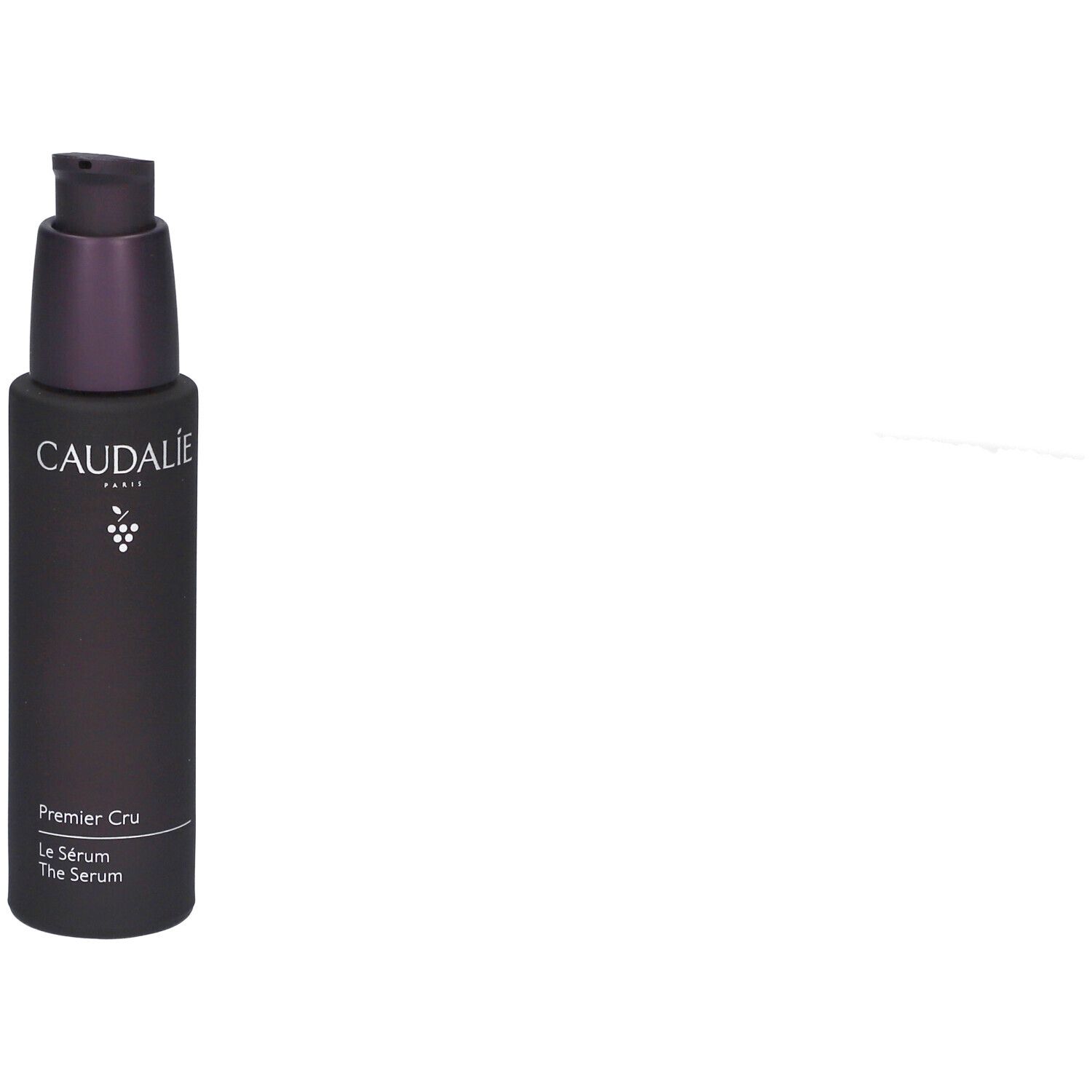 Dunkelviolette Flasche mit Pumpe. Text: Caudalie, Premier Cru, Le Sérum. Logo mit Trauben.