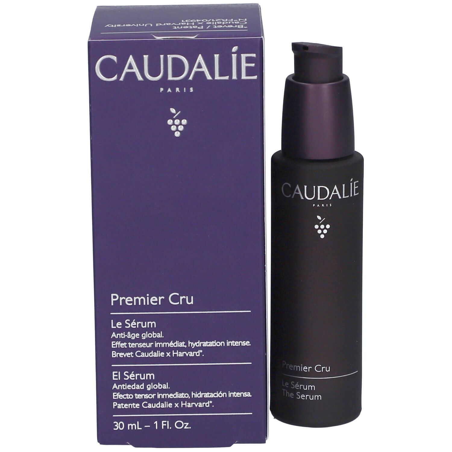 Produkt und Verpackung. Dunkelviolette Flasche und Schachtel. Text: Caudalie, Premier Cru, Le Sérum. 30 ml.