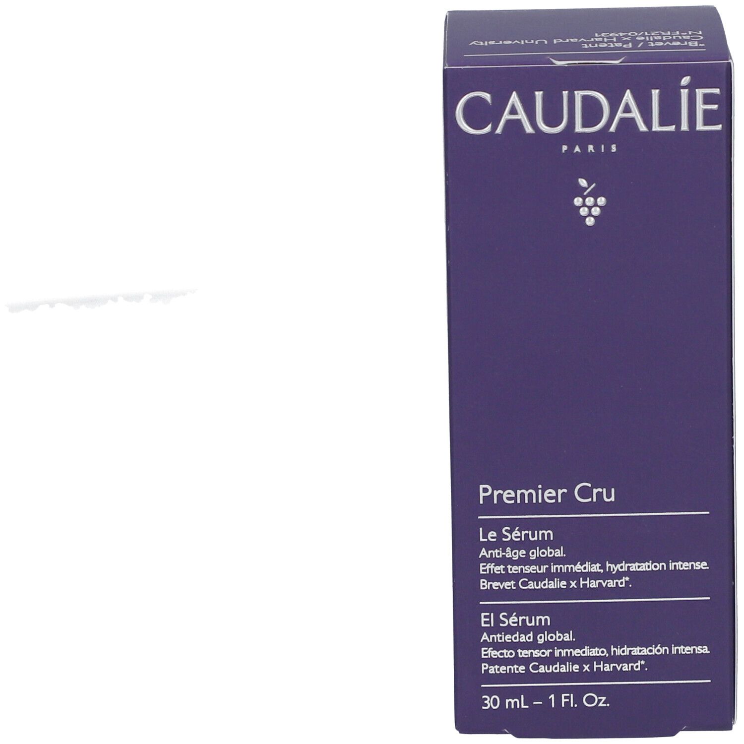 Dunkelviolette Schachtel. Text: Caudalie, Premier Cru, Le Sérum. 30 ml - 1 Fl. Oz.