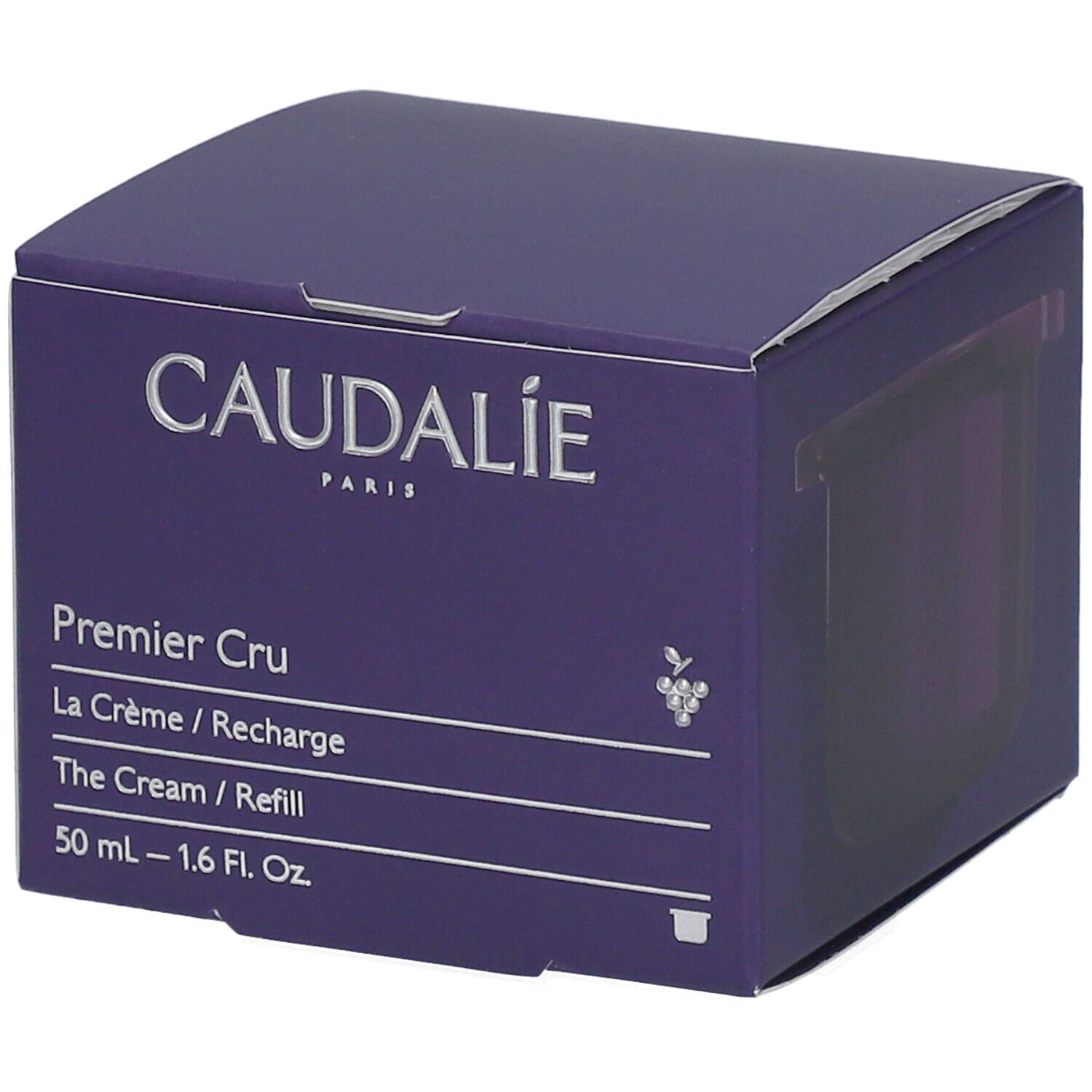 Caudalie Premier Cru Crème Recharge. Lila Karton mit Produktinformationen und Logo. 50 ml.