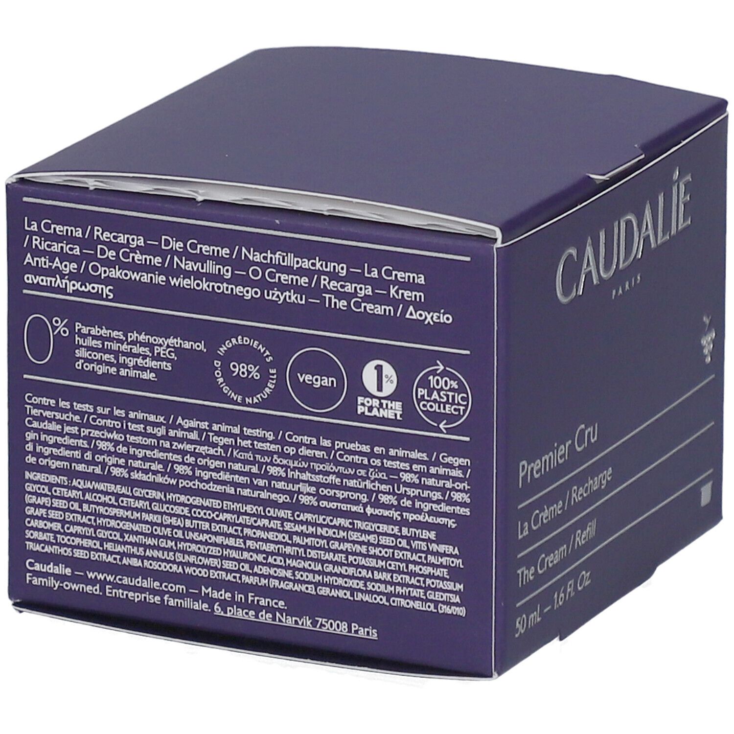 Rückseite der Caudalie Premier Cru Crème Recharge Verpackung. Text mit Inhaltsstoffen, Zertifizierungen und Logo.
