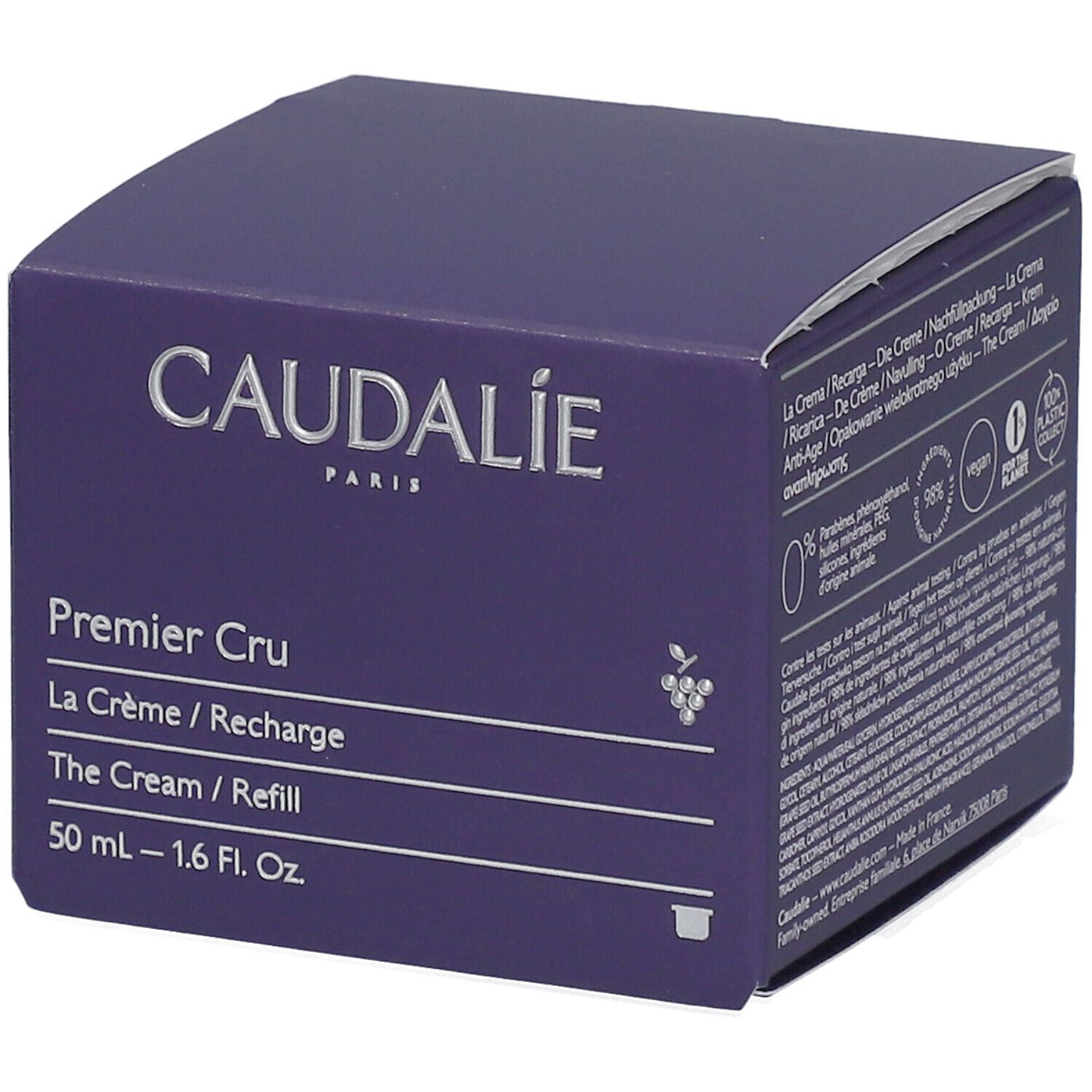 Caudalie Premier Cru Crème Recharge. Lila Karton mit Produktinformationen und Logo. 50 ml.