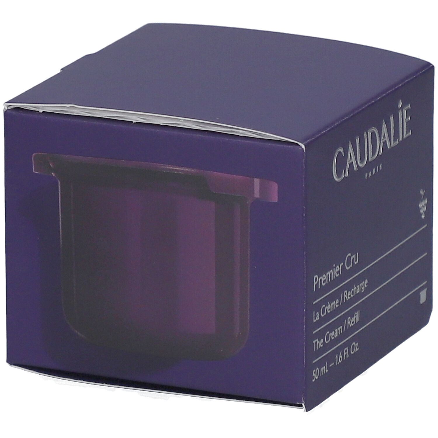 Caudalie Premier Cru Crème Recharge. Lila Tiegel in geöffneter Verpackung. Deckel und Tiegel sichtbar.