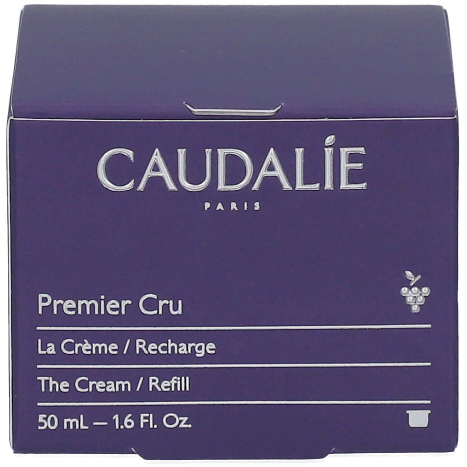 Caudalie Premier Cru Crème Recharge. Lila Karton mit Produktinformationen und Logo. 50 ml.