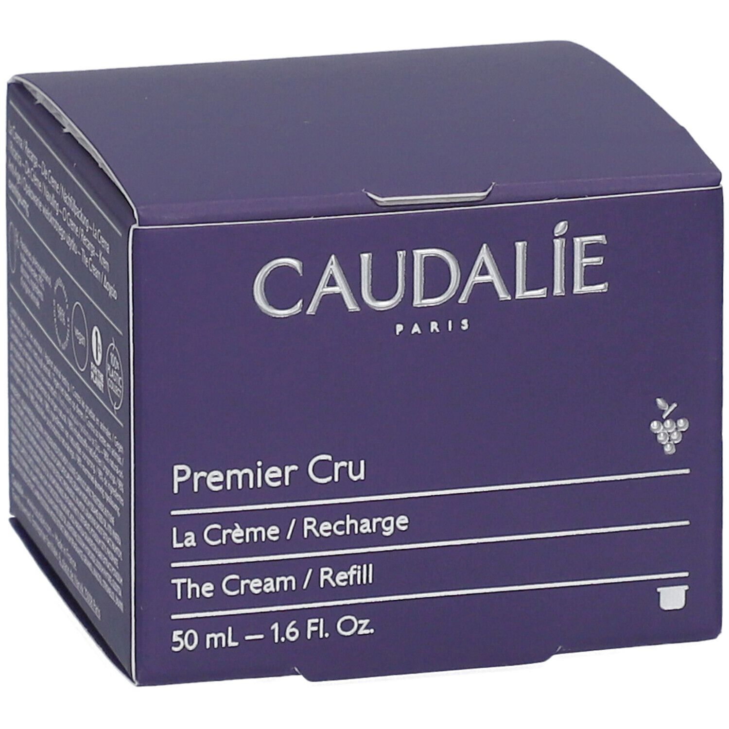 Caudalie Premier Cru Crème Recharge. Lila Karton mit Produktinformationen und Logo. 50 ml.