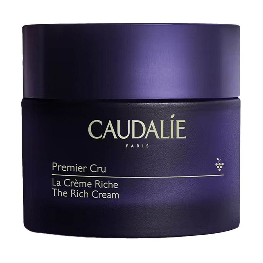 Donkerblauwe crème pot met deksel. Opschrift: Caudalie, Premier Cru, La Crème Riche, The Rich Cream.