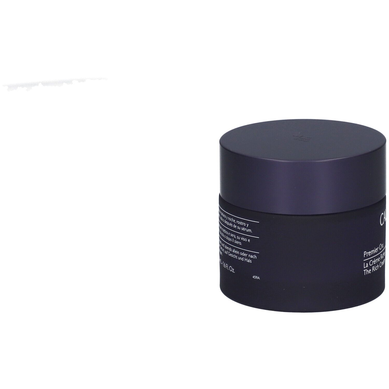 Dunkelblaue Creme-Dose. Aufschrift: Premier Cru, La Crème Riche. Seitlich Text in mehreren Sprachen.