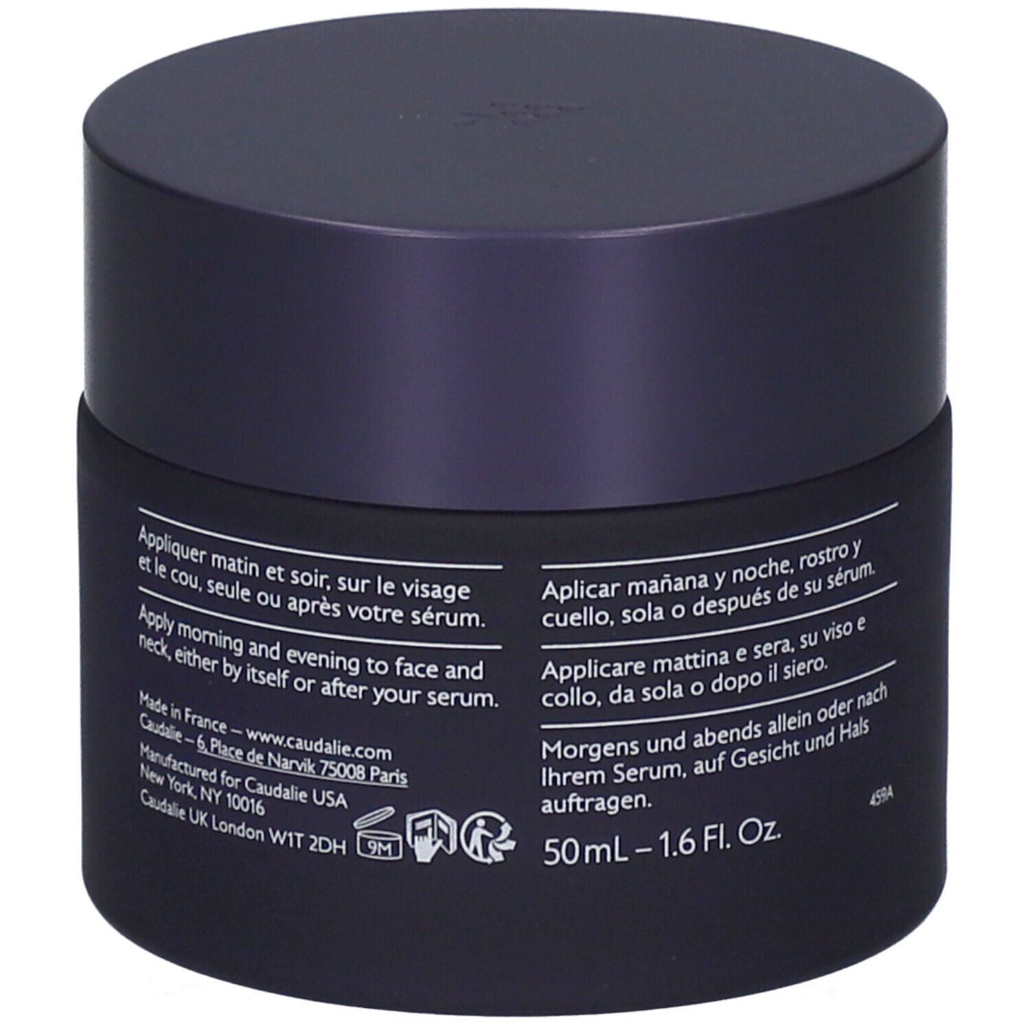 Dunkelblaue Creme-Dose mit Deckel. Text in mehreren Sprachen. Aufschrift: 50 ml - 1.6 Fl. Oz.