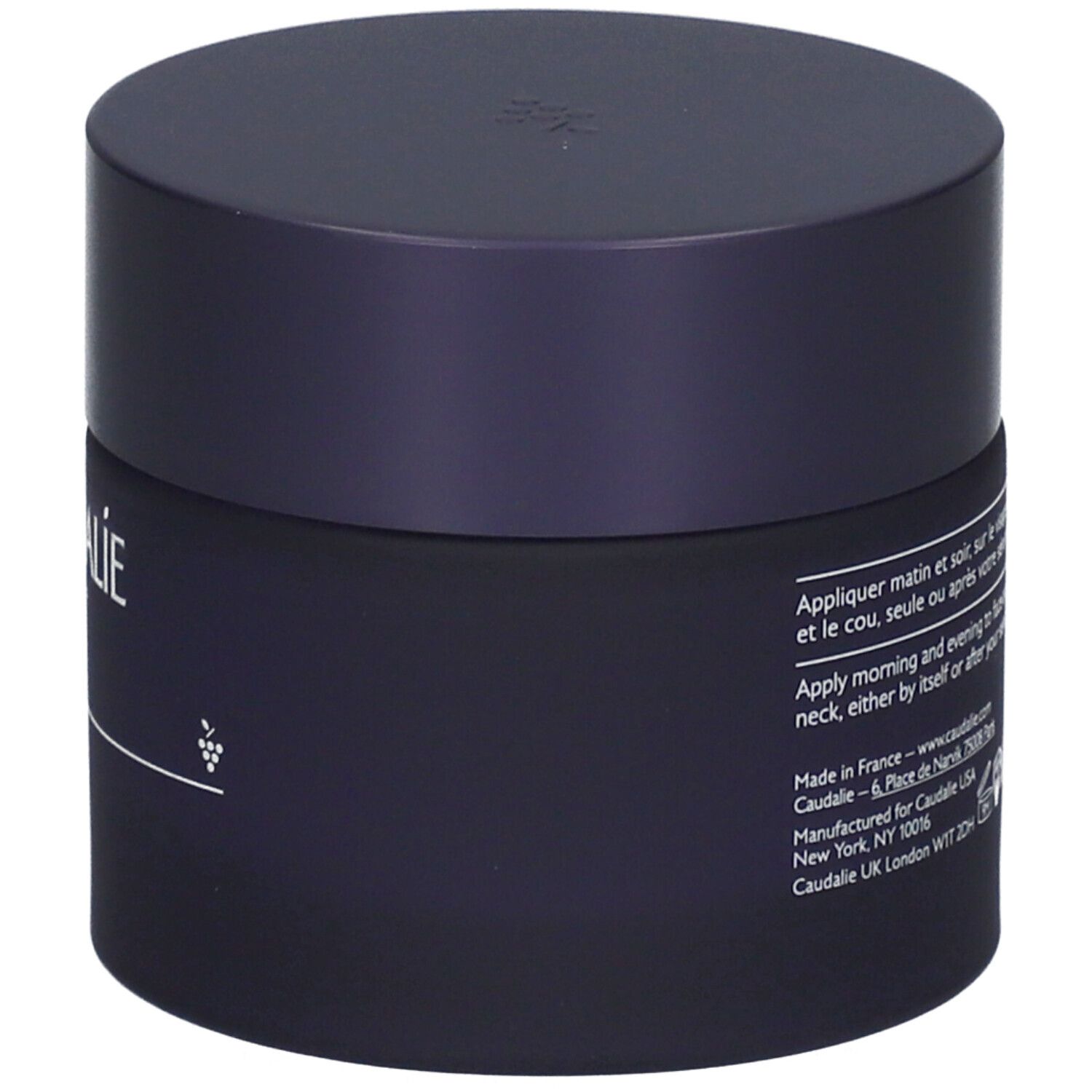 Dunkelblaue Creme-Dose mit Deckel. Aufschrift: Caudalie. Text in mehreren Sprachen. Logo mit Traube.