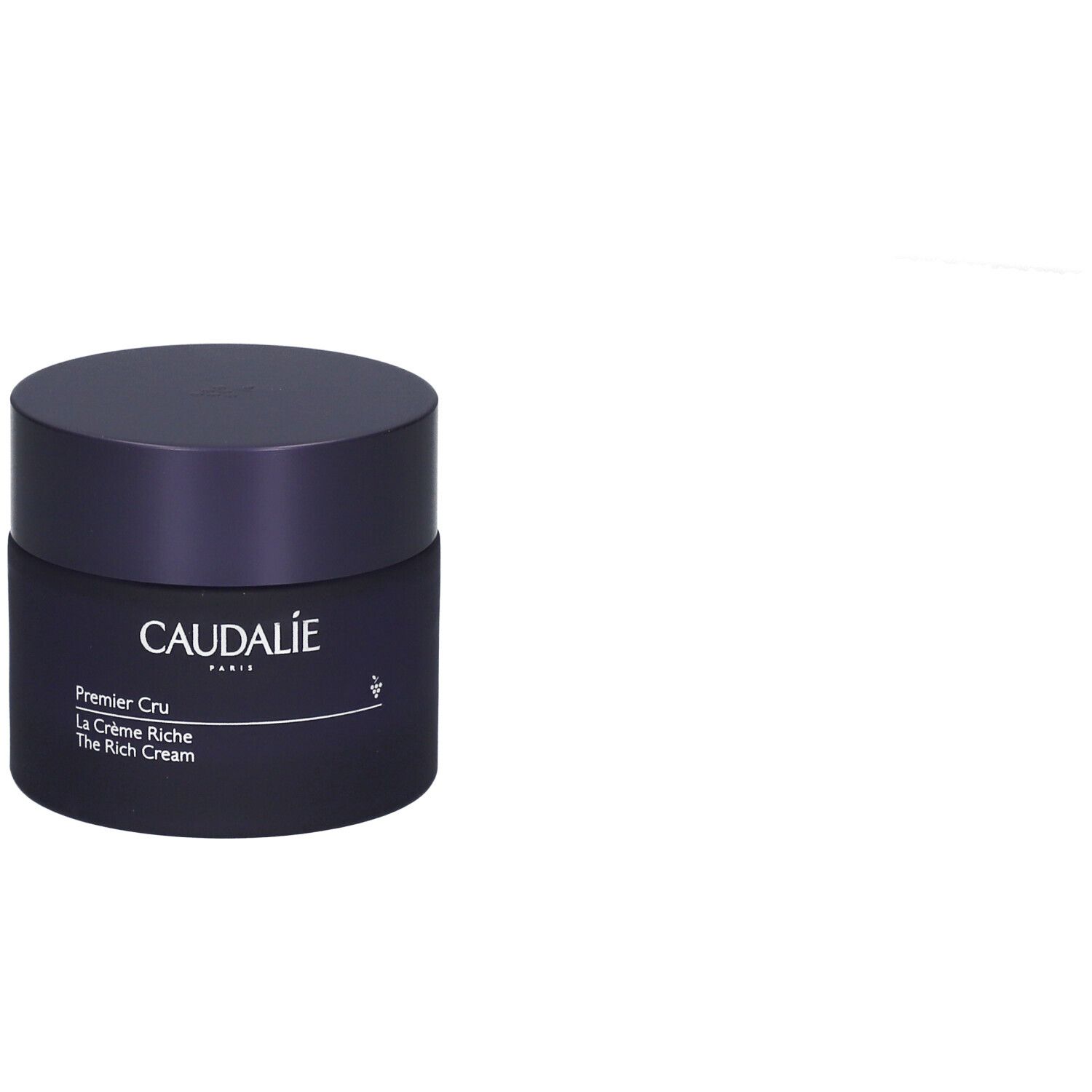 Dunkelblaue Creme-Dose mit Deckel. Aufschrift: Caudalie, Premier Cru, La Crème Riche, The Rich Cream.