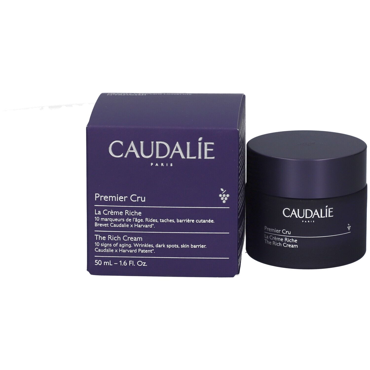 Creme-Dose und Schachtel. Aufschrift: Caudalie, Premier Cru, La Crème Riche, The Rich Cream. 50 ml - 1.6 Fl. Oz.