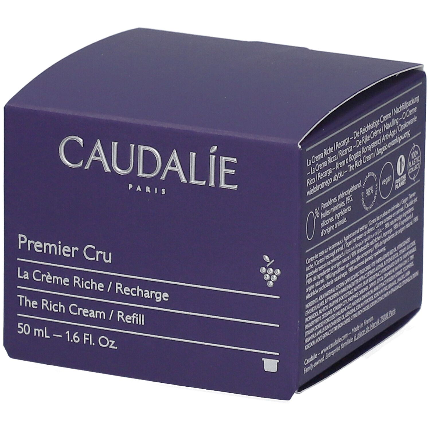 Dunkelviolette Kartonverpackung. Aufschrift: Caudalie, Premier Cru, La Crème Riche / Recharge, The Rich Cream / Refill. 50 ml - 1.6 Fl. Oz. Mit Inhaltsstoffen.