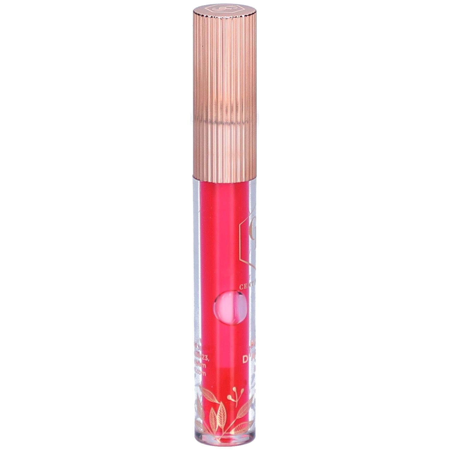 Huile à lèvres rouge dans un tube transparent avec bouchon doré. Inscription: Huile d'Amour lip oil. Logo: GP.