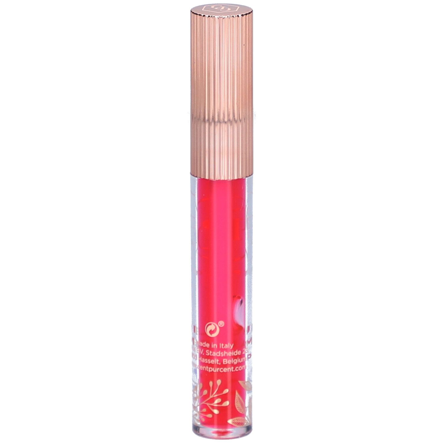 Huile à lèvres rouge dans un tube transparent avec bouchon doré. Inscription: Huile d'Amour lip oil. Logo: GP.