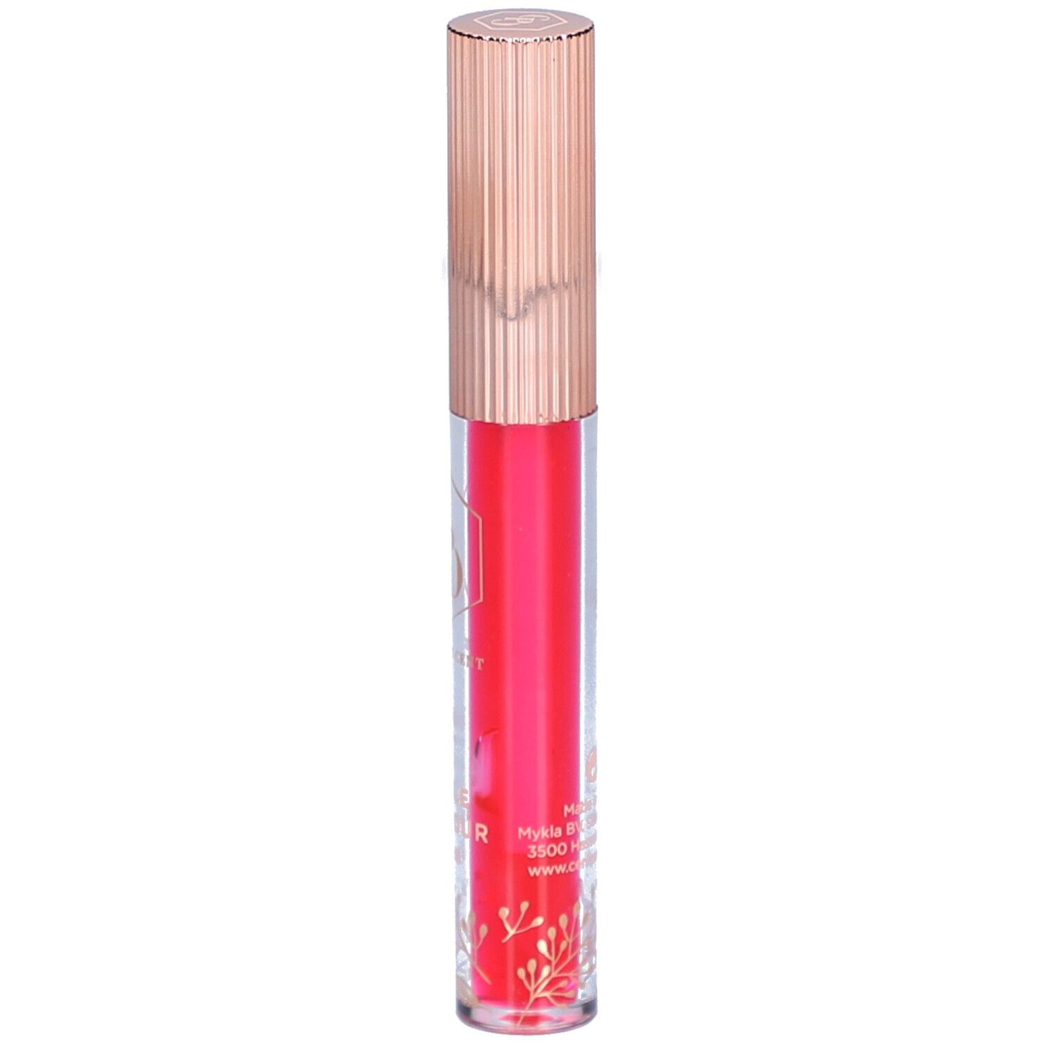 Huile à lèvres rouge dans un tube transparent avec bouchon doré. Inscription: Huile d'Amour lip oil. Logo: GP.