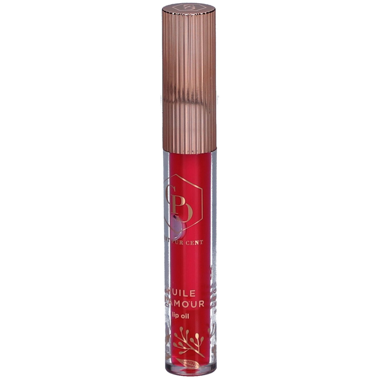 Huile à lèvres rouge dans un tube transparent avec bouchon doré. Inscription: Huile d'Amour lip oil. Logo: GP.