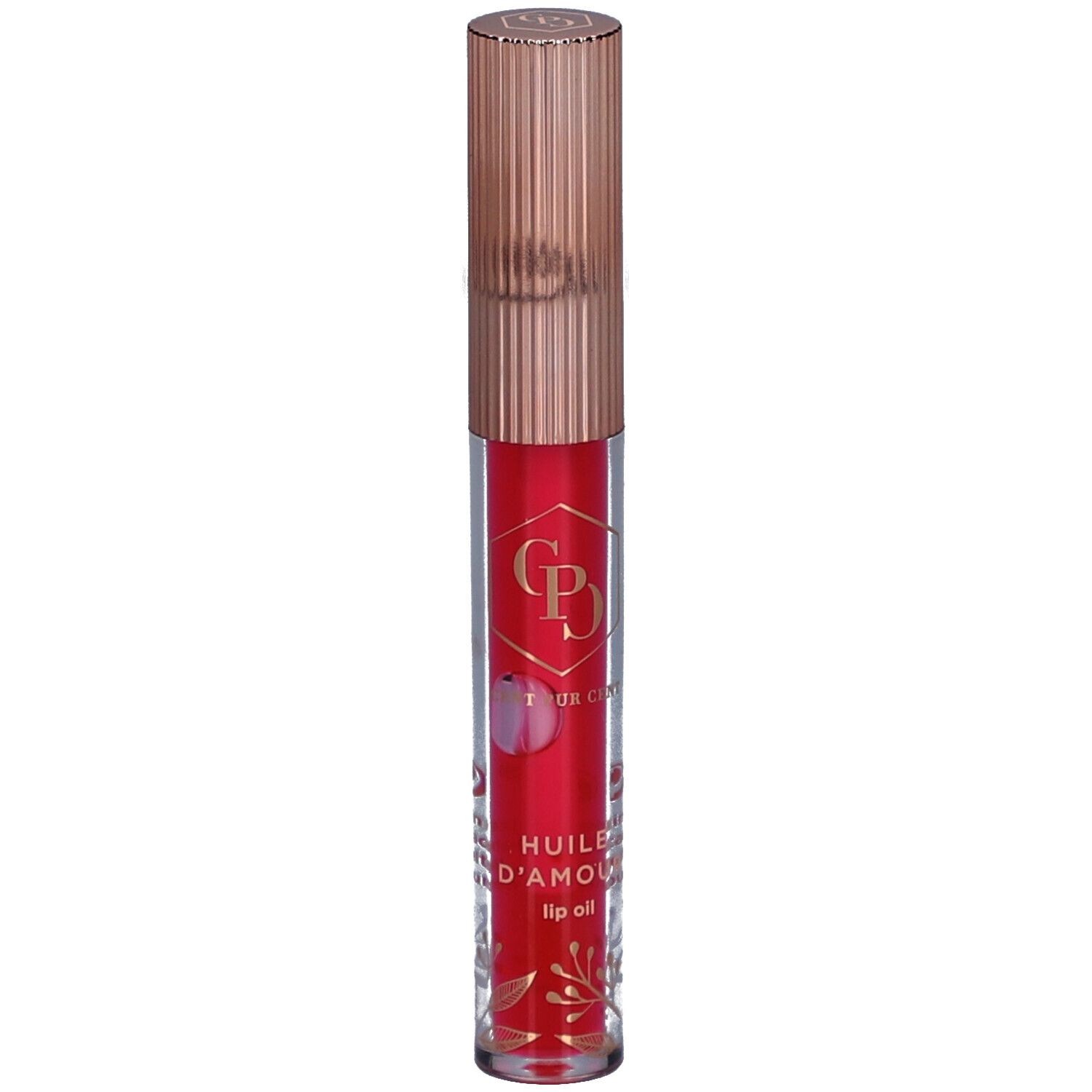 Huile à lèvres rouge dans un tube transparent avec bouchon doré. Inscription: Huile d'Amour lip oil. Logo: GP.