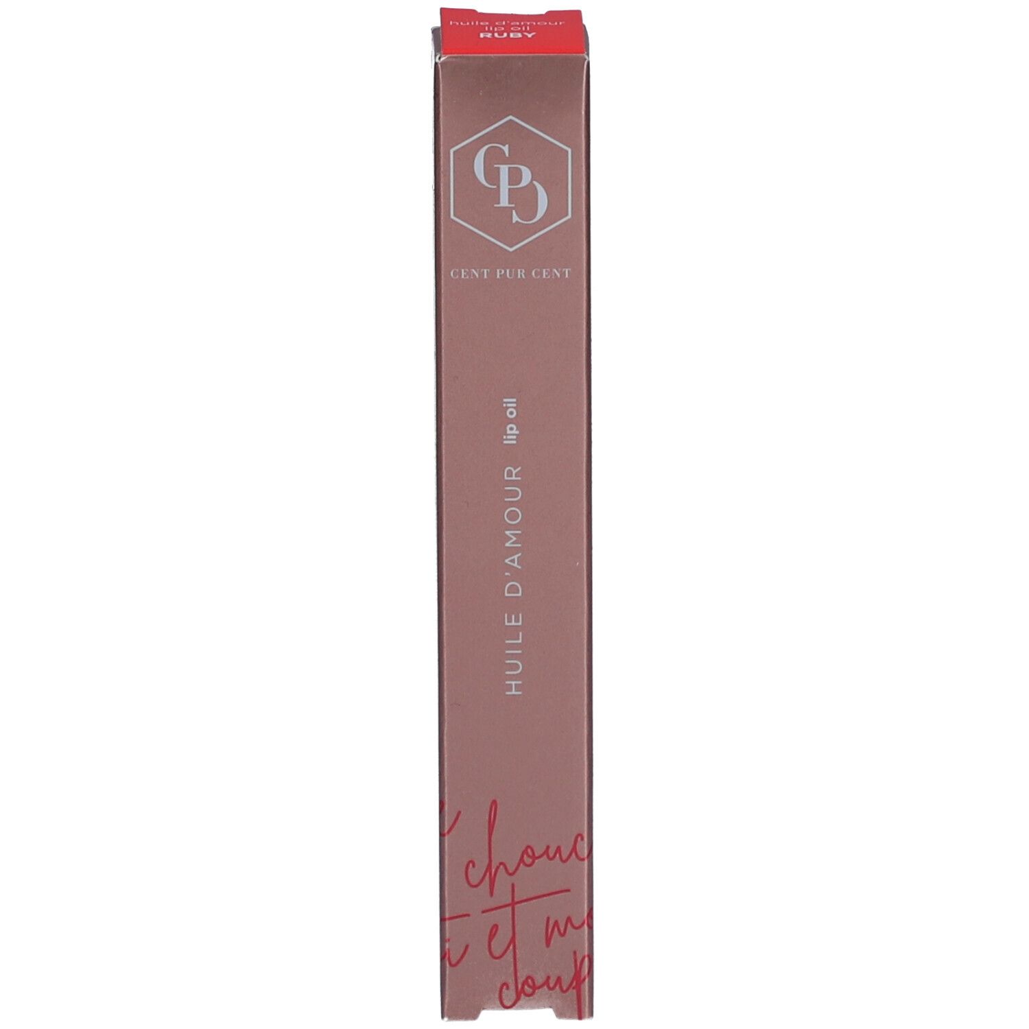 Emballage pour huile à lèvres. Rose, inscription: Cent Pur Cent, Huile d'Amour. En haut: Ruby.