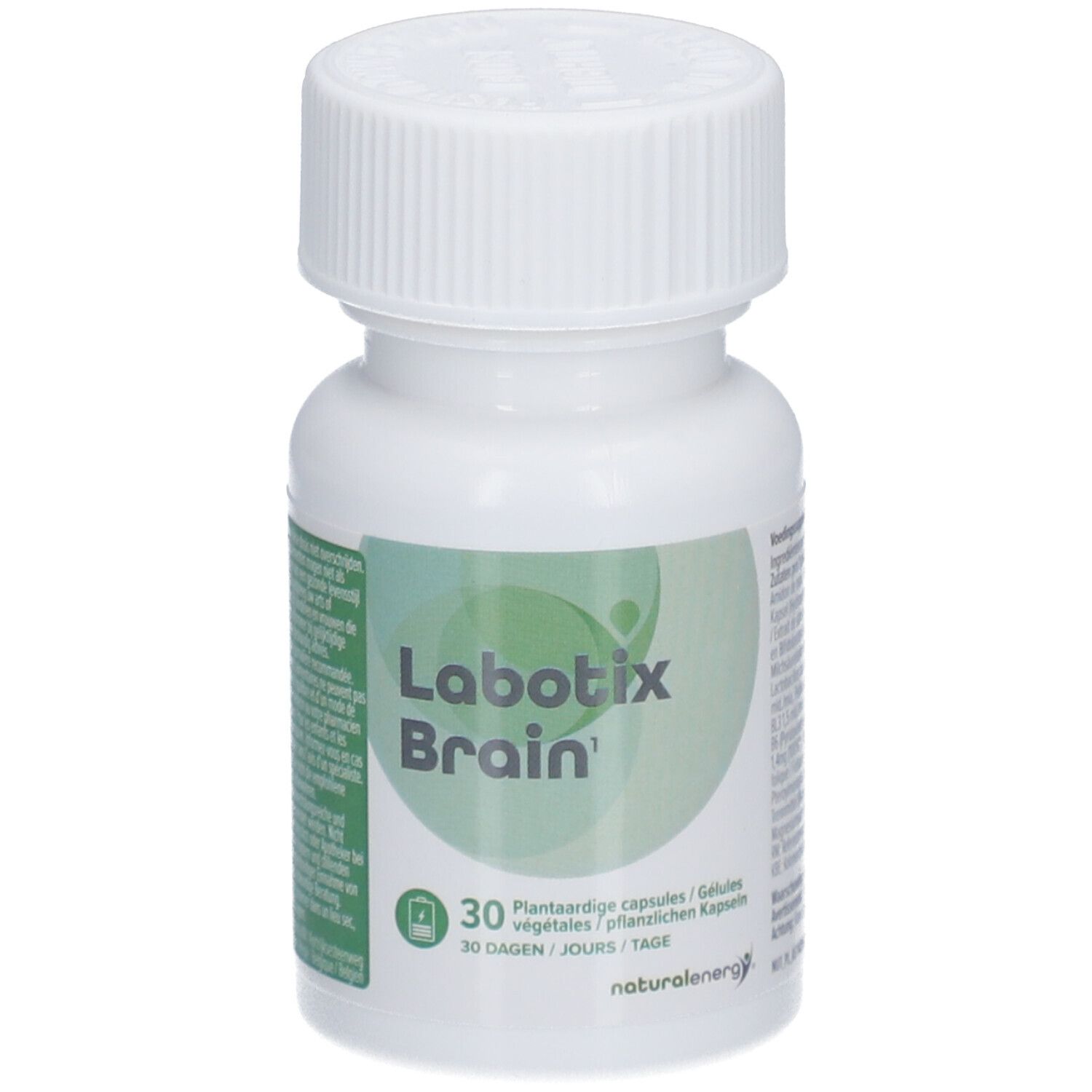 Weiße Flasche mit grünem Etikett. Aufschrift: Labotix Brain. 30 Kapseln. Pflanzliche Kapseln.