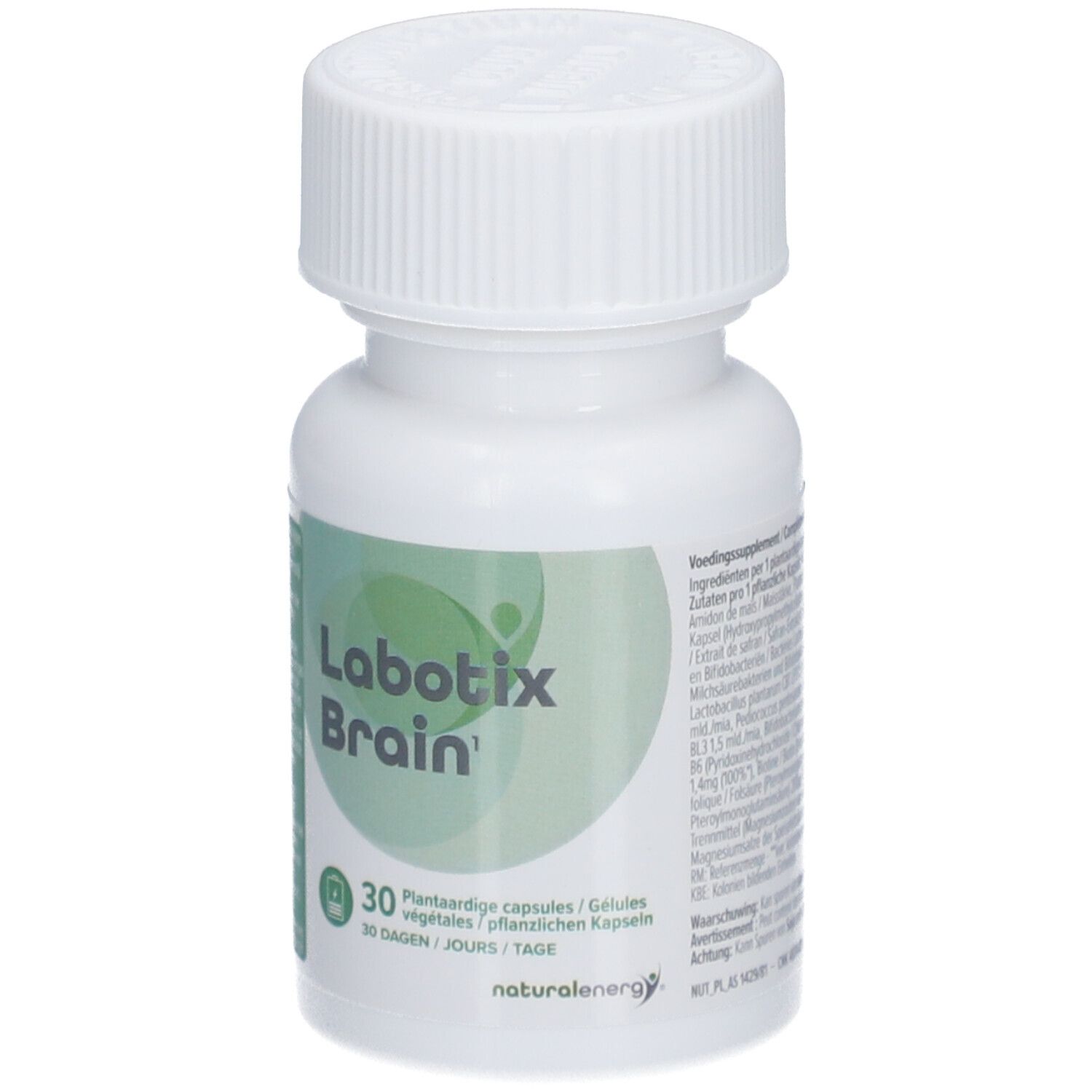 Weiße Flasche mit grünem Etikett. Aufschrift: Labotix Brain. 30 Kapseln. Pflanzliche Kapseln.