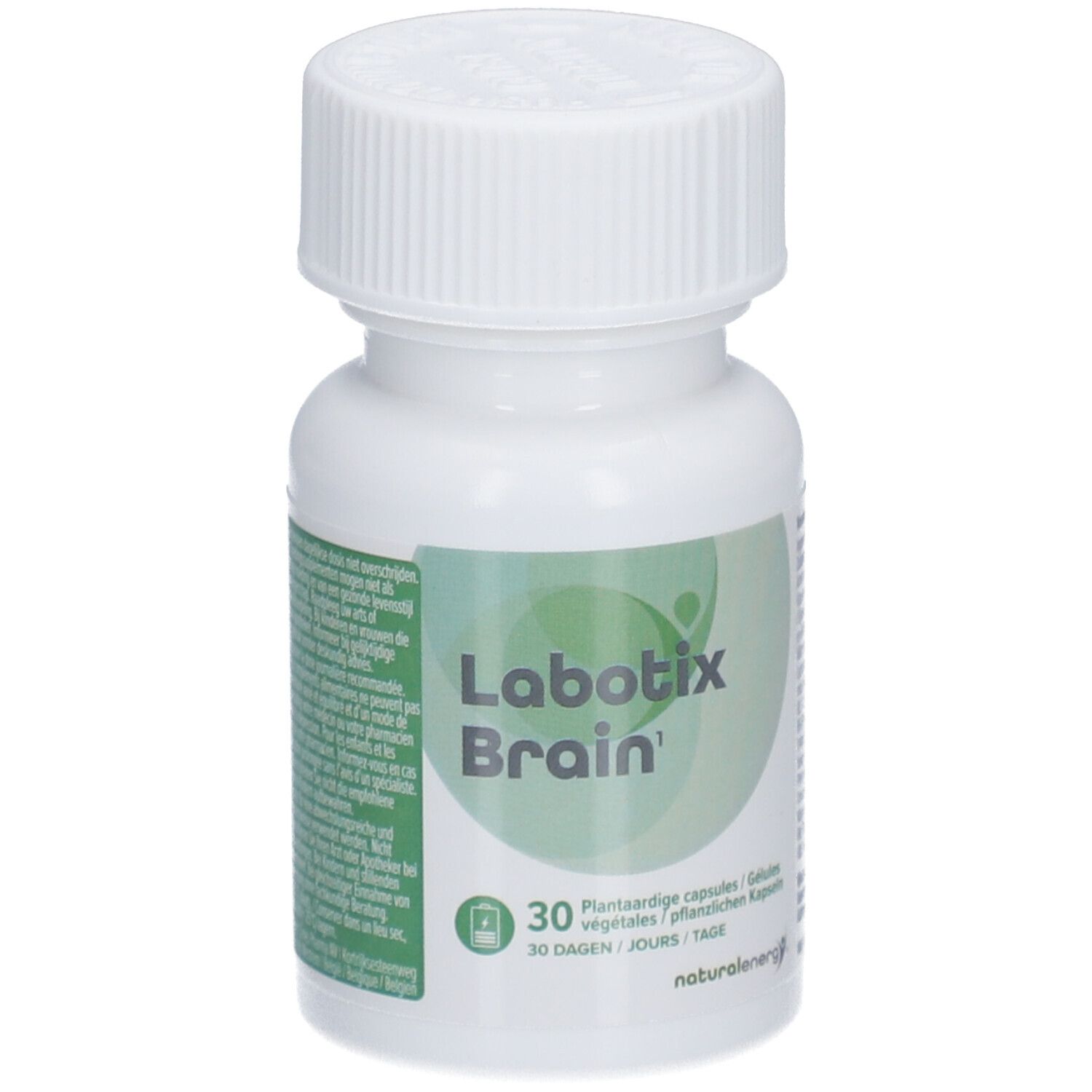 Weiße Flasche mit grünem Etikett. Aufschrift: Labotix Brain. 30 Kapseln. Pflanzliche Kapseln.