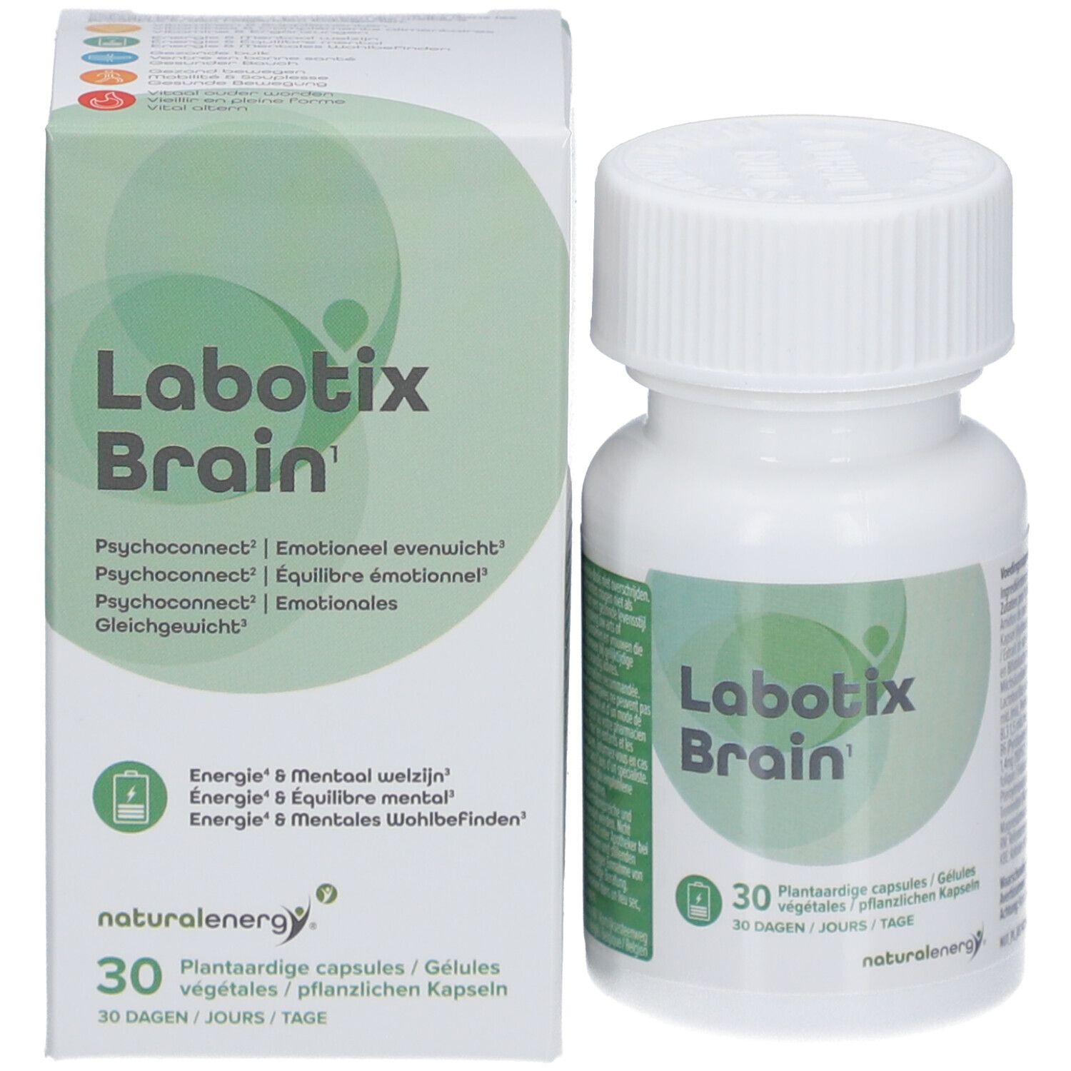 Produktverpackung und Flasche. Aufschrift: Labotix Brain. 30 Kapseln. Pflanzliche Kapseln. Grün-weiße Verpackung.