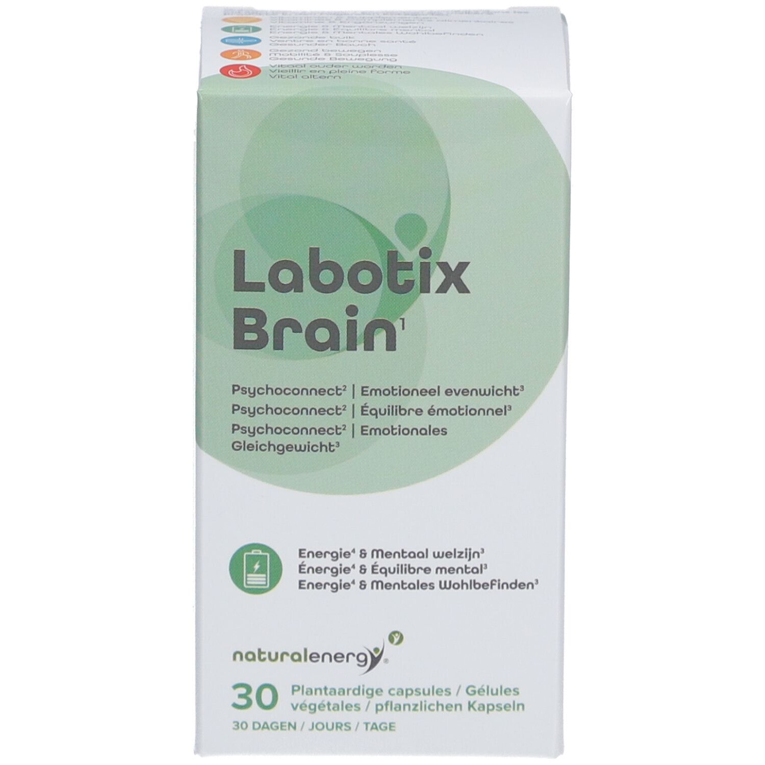 Grün-weiße Produktverpackung. Aufschrift: Labotix Brain. 30 Kapseln. Pflanzliche Kapseln. Text in mehreren Sprachen.