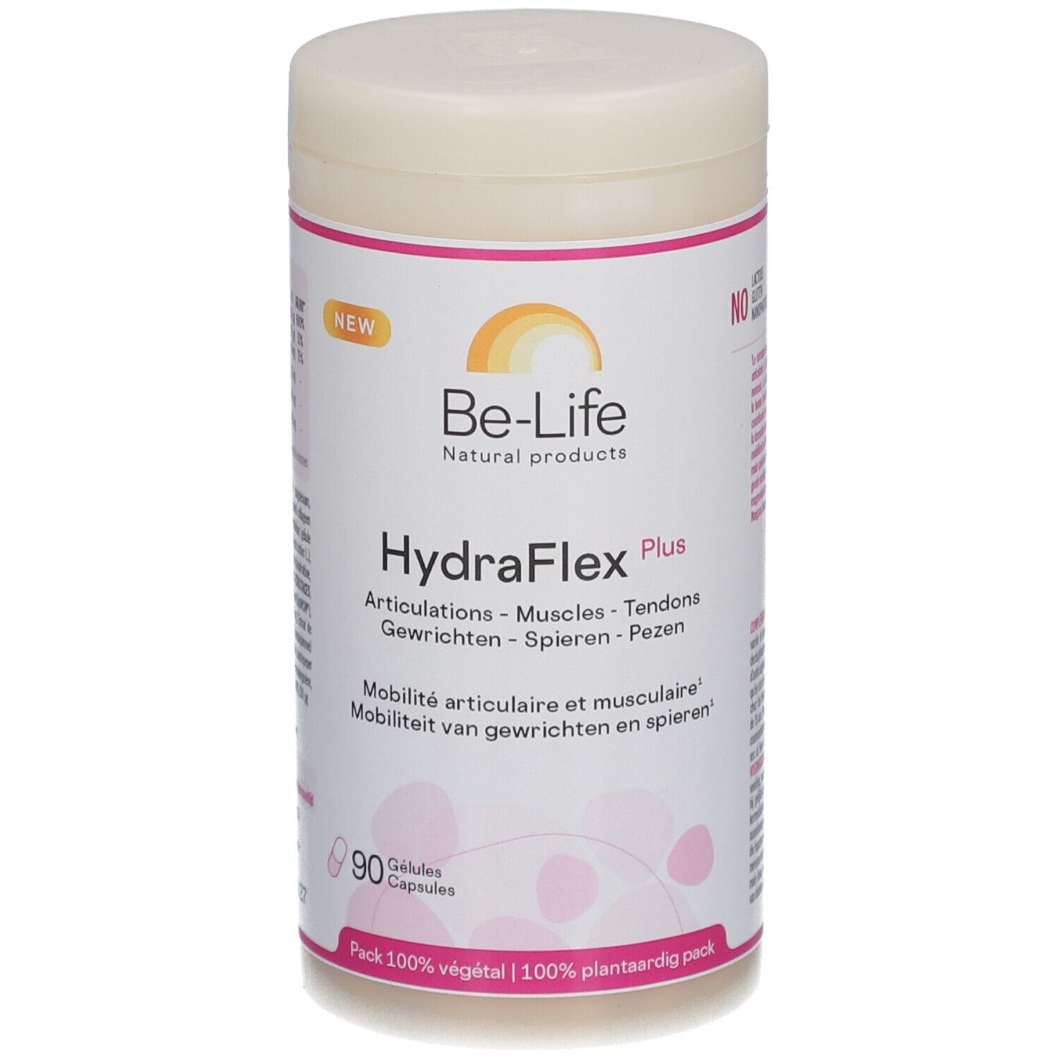 Behälter mit Kapseln. Aufschrift: Be-Life HydraFlex Plus. 90 Kapseln. 100% pflanzlich.