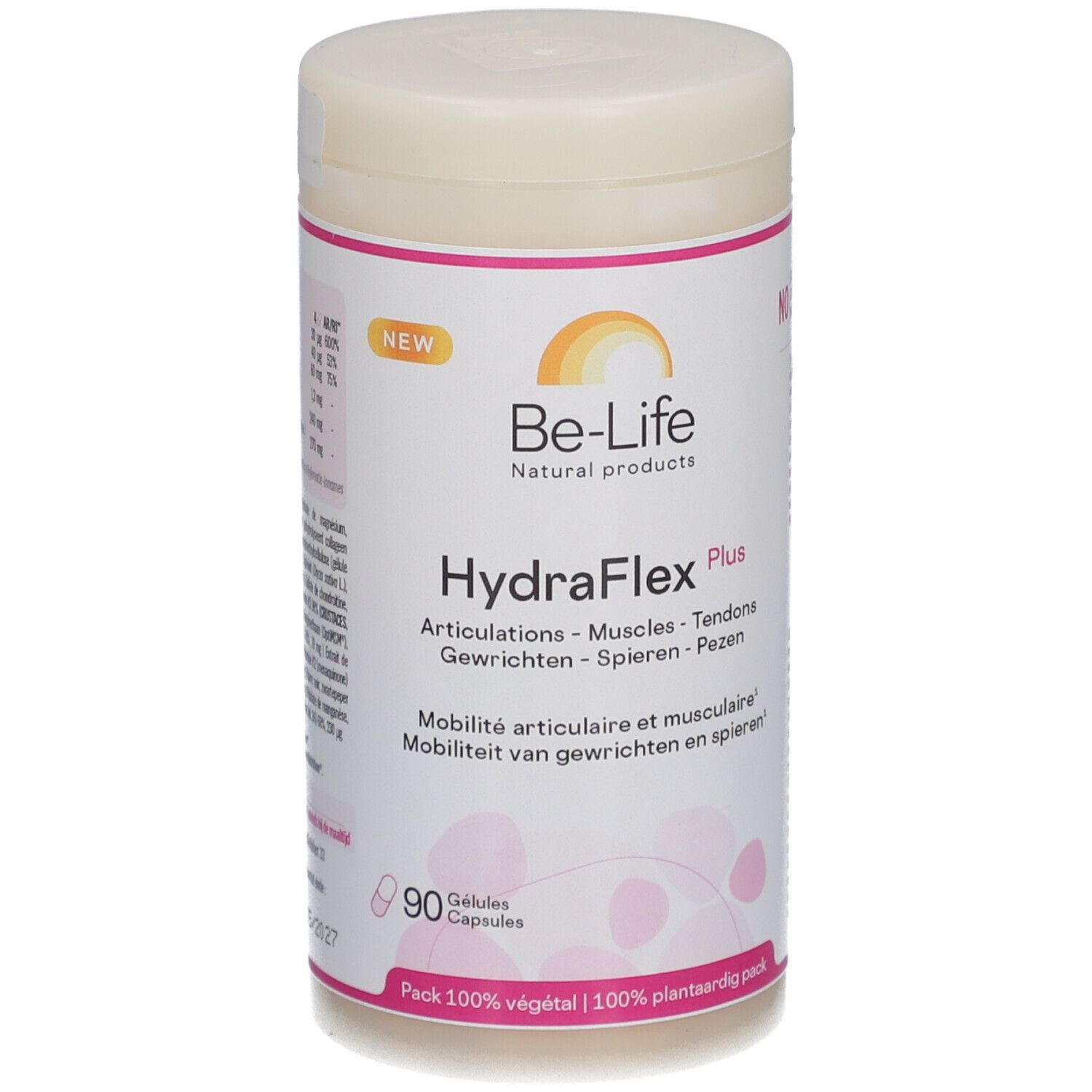 Behälter mit Kapseln. Aufschrift: Be-Life HydraFlex Plus. 90 Kapseln. 100% pflanzlich.
