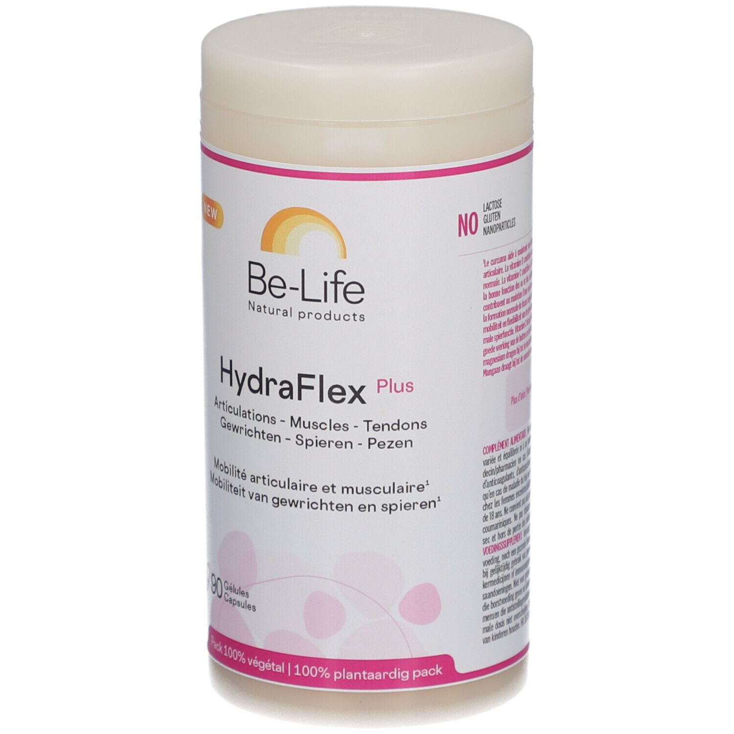 Behälter mit Kapseln. Aufschrift: Be-Life HydraFlex Plus. 90 Kapseln. Glutenfrei. 100% pflanzlich.