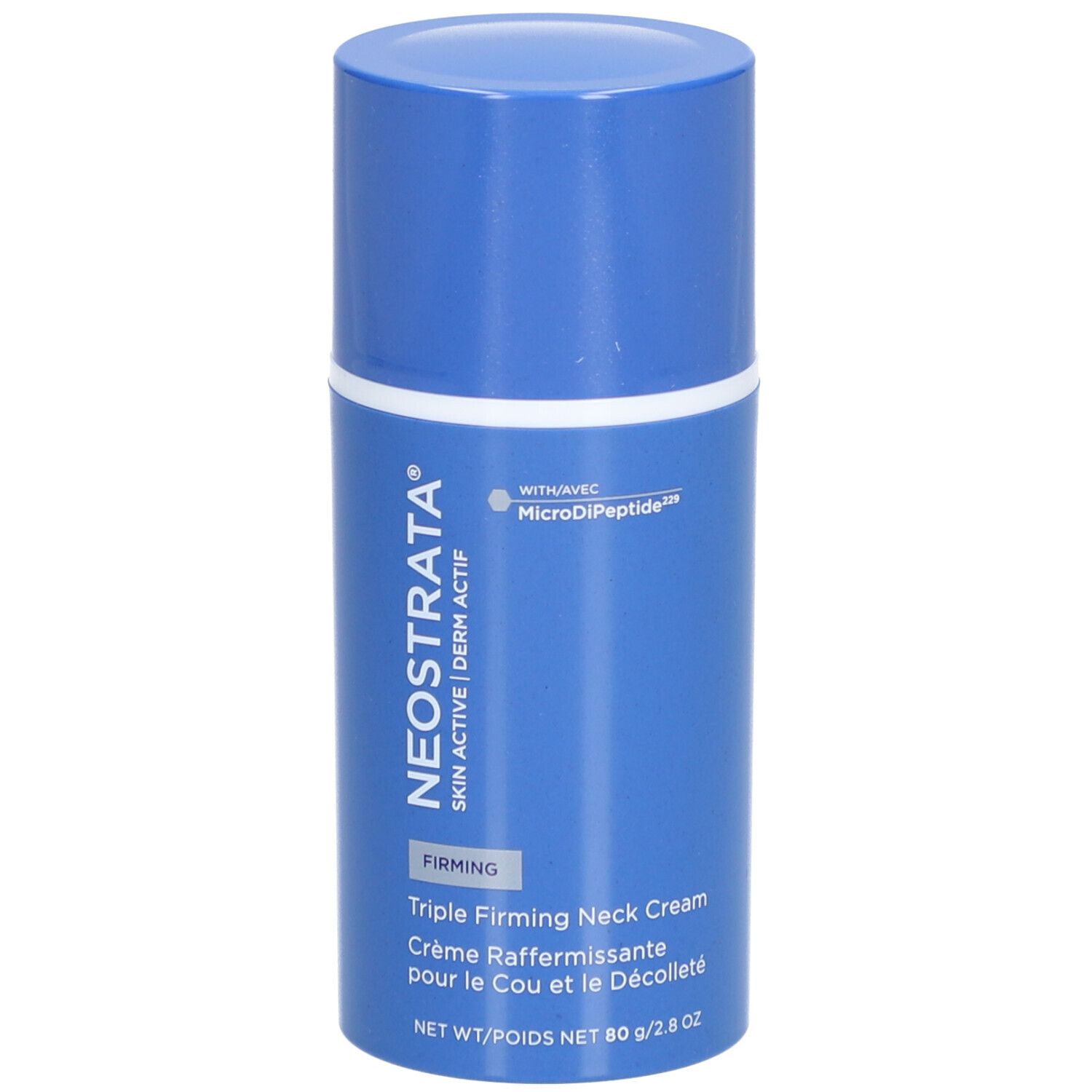 Blaue Creme-Tube mit weißem Band. Text: NeoStrata, Derm Actif, Firming, Triple Firming Neck Cream.