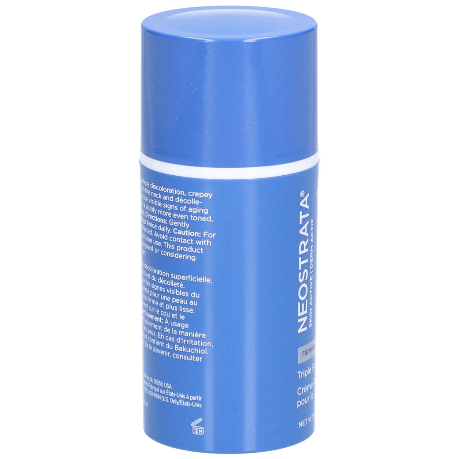 Blaue Creme-Tube mit Text. Text: NeoStrata, Derm Actif, Triple Firming Neck Cream. Rückseite mit Produktinformationen.