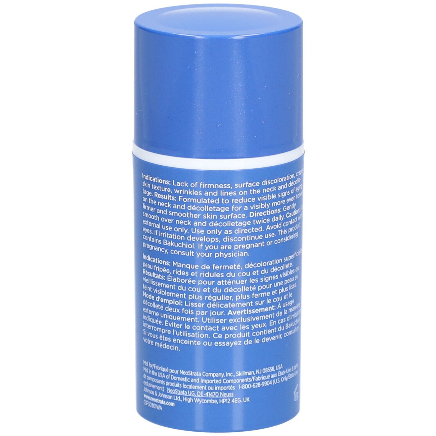 Blaue Creme-Tube mit Text. Text: NeoStrata, Derm Actif, Triple Firming Neck Cream. Rückseite mit Produktinformationen.