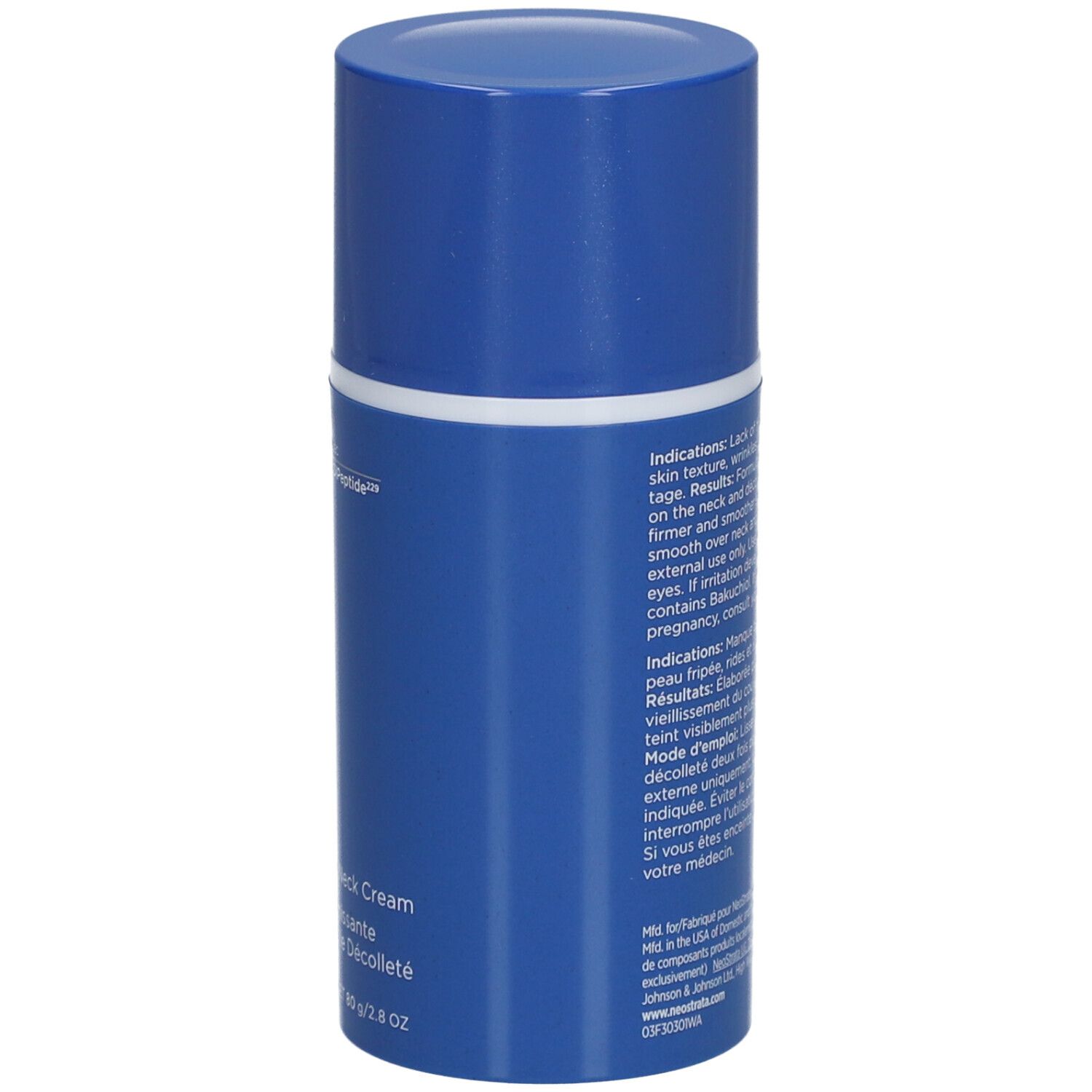 Blaue Creme-Tube mit Text. Text: NeoStrata, Derm Actif, Triple Firming Neck Cream. Rückseite mit Produktinformationen.