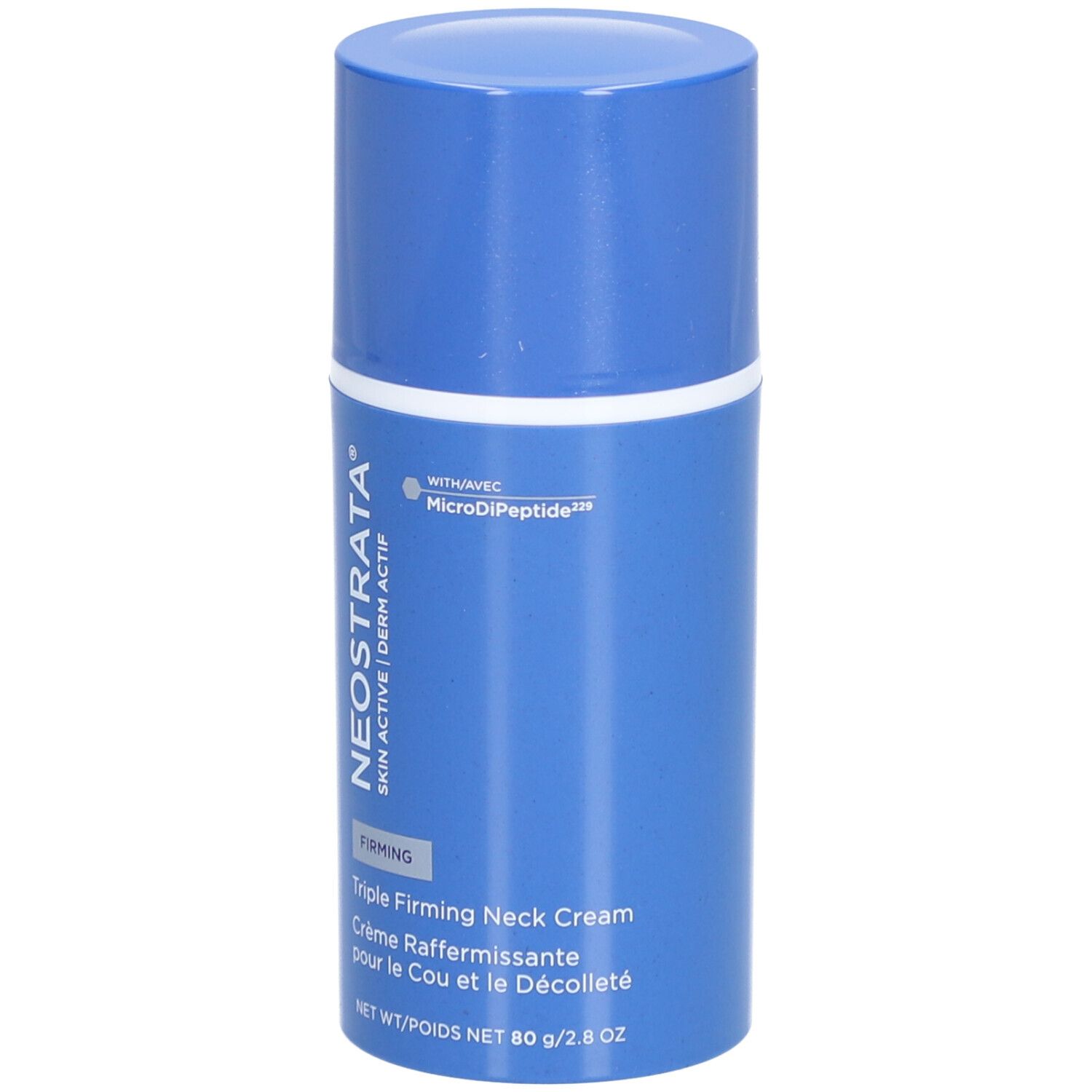 Blaue Creme-Tube mit weißem Band. Text: NeoStrata, Derm Actif, Firming, Triple Firming Neck Cream.