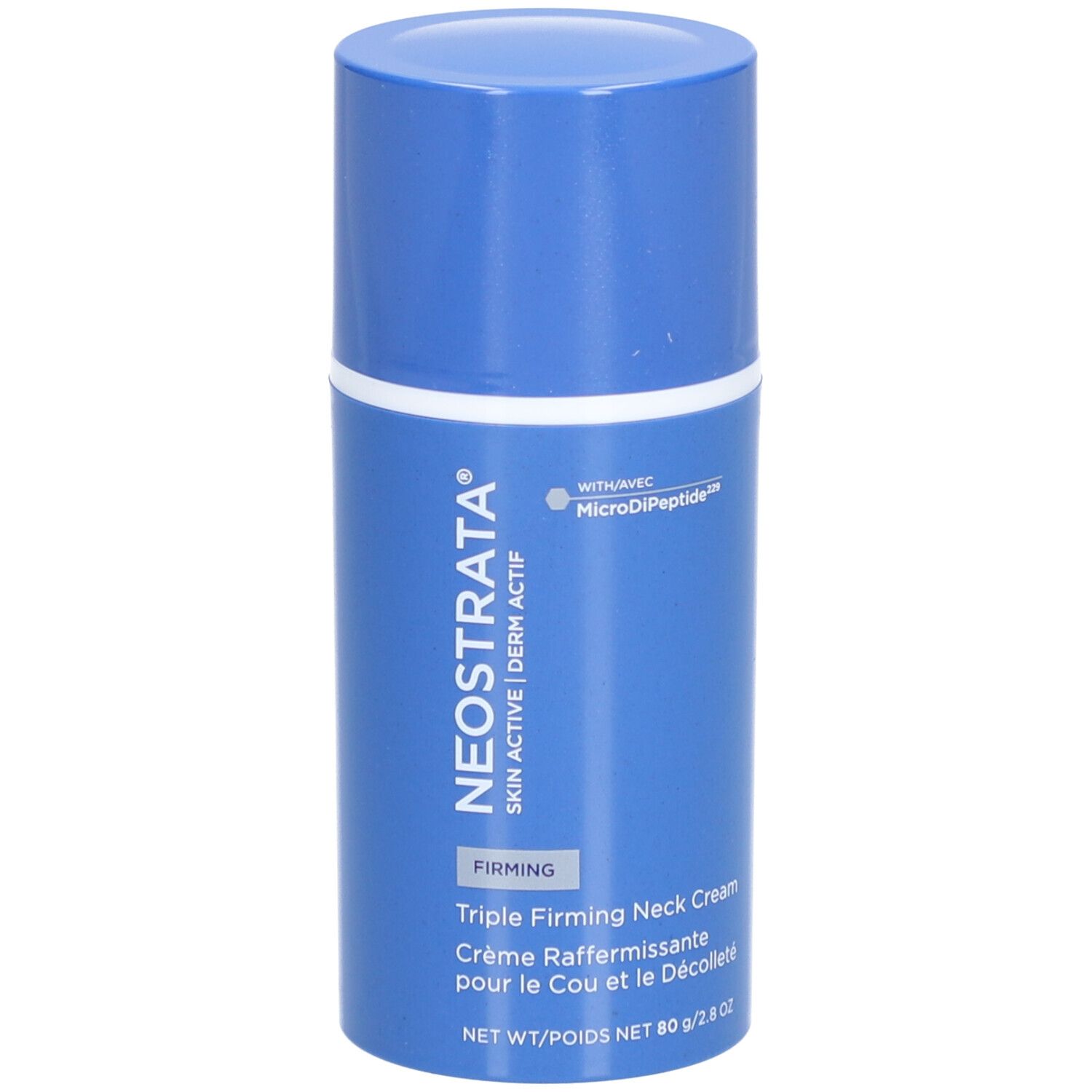 Blaue Creme-Tube mit weißem Band. Text: NeoStrata, Derm Actif, Firming, Triple Firming Neck Cream.