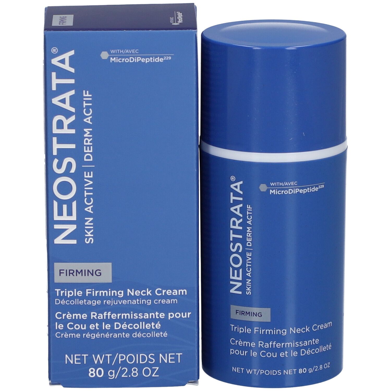 Produktverpackung: Blaue Tube und Schachtel. Text: NeoStrata, Derm Actif, Triple Firming Neck Cream.