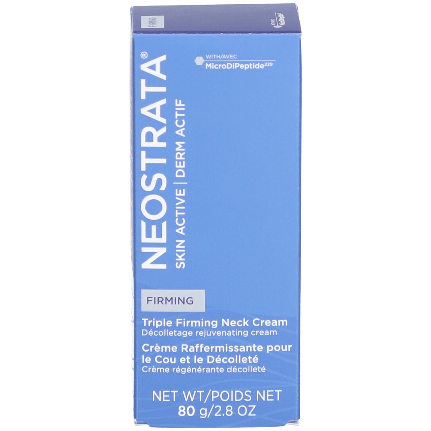 Blaue Schachtel. Text: NeoStrata, Derm Actif, Triple Firming Neck Cream, Creme régénérante décolleté.