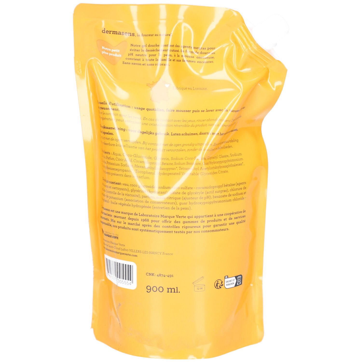 Gelbe Nachfüllpackung mit 900 ml Duschgel. Enthält Text und Symbole.