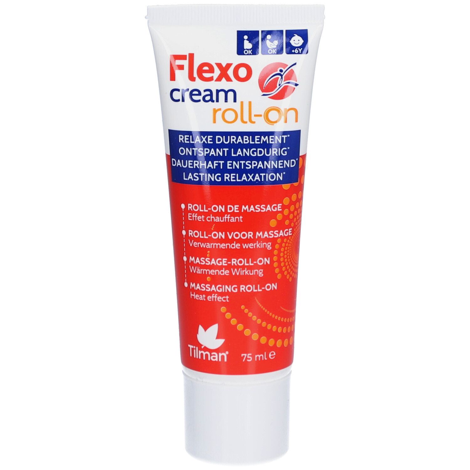 Flexo cream Roll-on. Weiße Tube mit roter Schrift. Enthält 75 ml. Mit Roll-on-Applikator. Hersteller: Tilman.