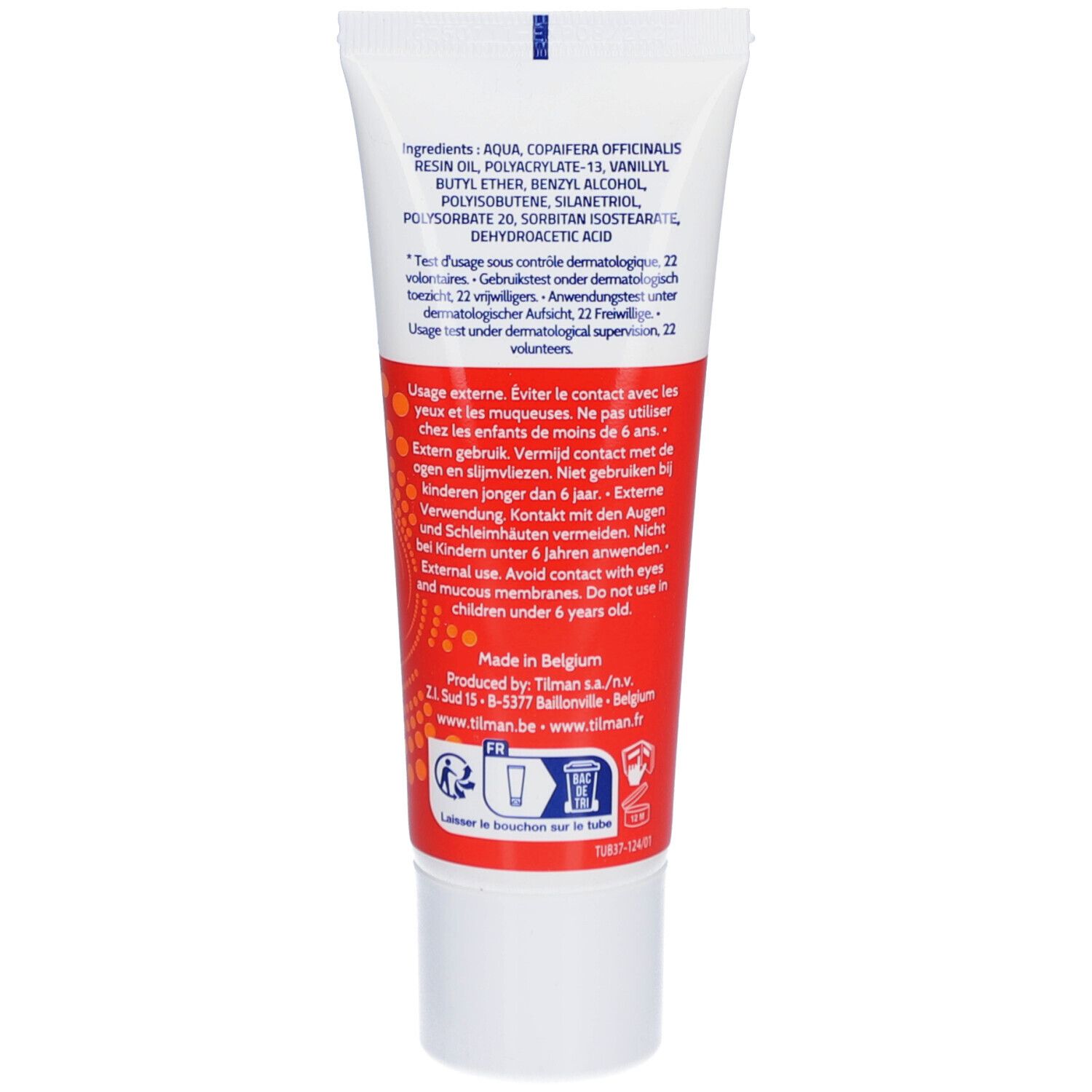 Rückseite der Flexo cream Roll-on Tube. Enthält Inhaltsstoffe und Warnhinweise. Hergestellt in Belgien.