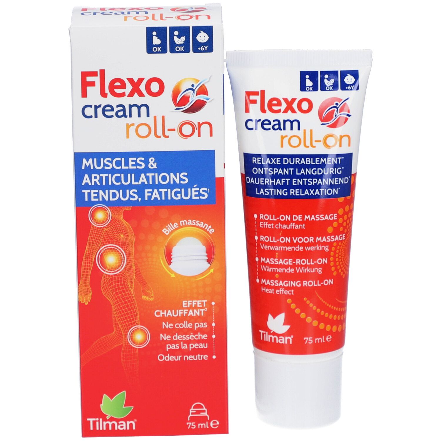 Flexo cream Roll-on und Verpackung. Tube und Schachtel mit roter und weißer Schrift. Hersteller: Tilman.