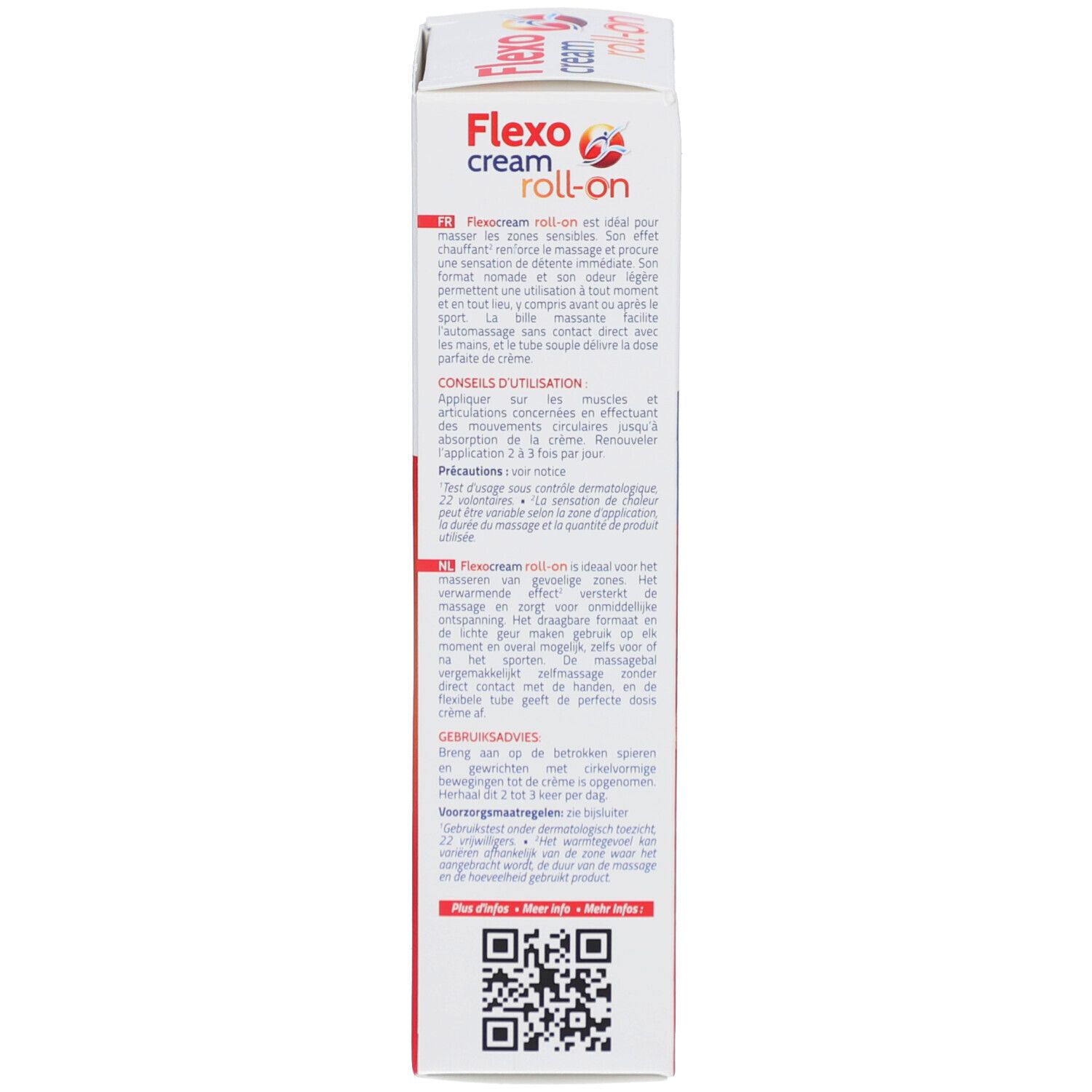 Flexo cream Roll-on Verpackung. Text in Französisch und Niederländisch. QR-Code und Herstellerinformationen.