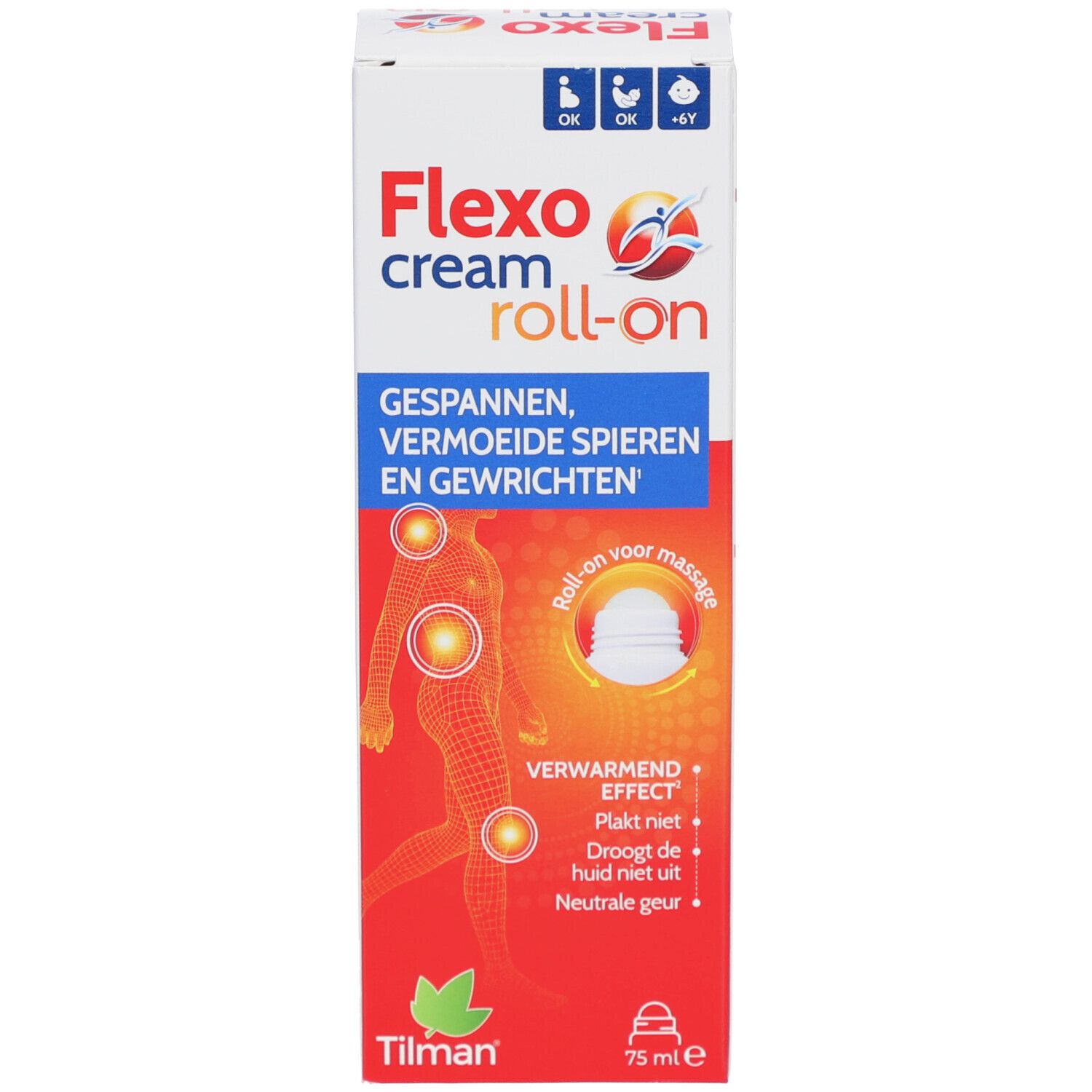 Flexo cream Roll-on Verpackung. Text in Deutsch. Abbildung eines Körpers mit hervorgehobenen Bereichen.