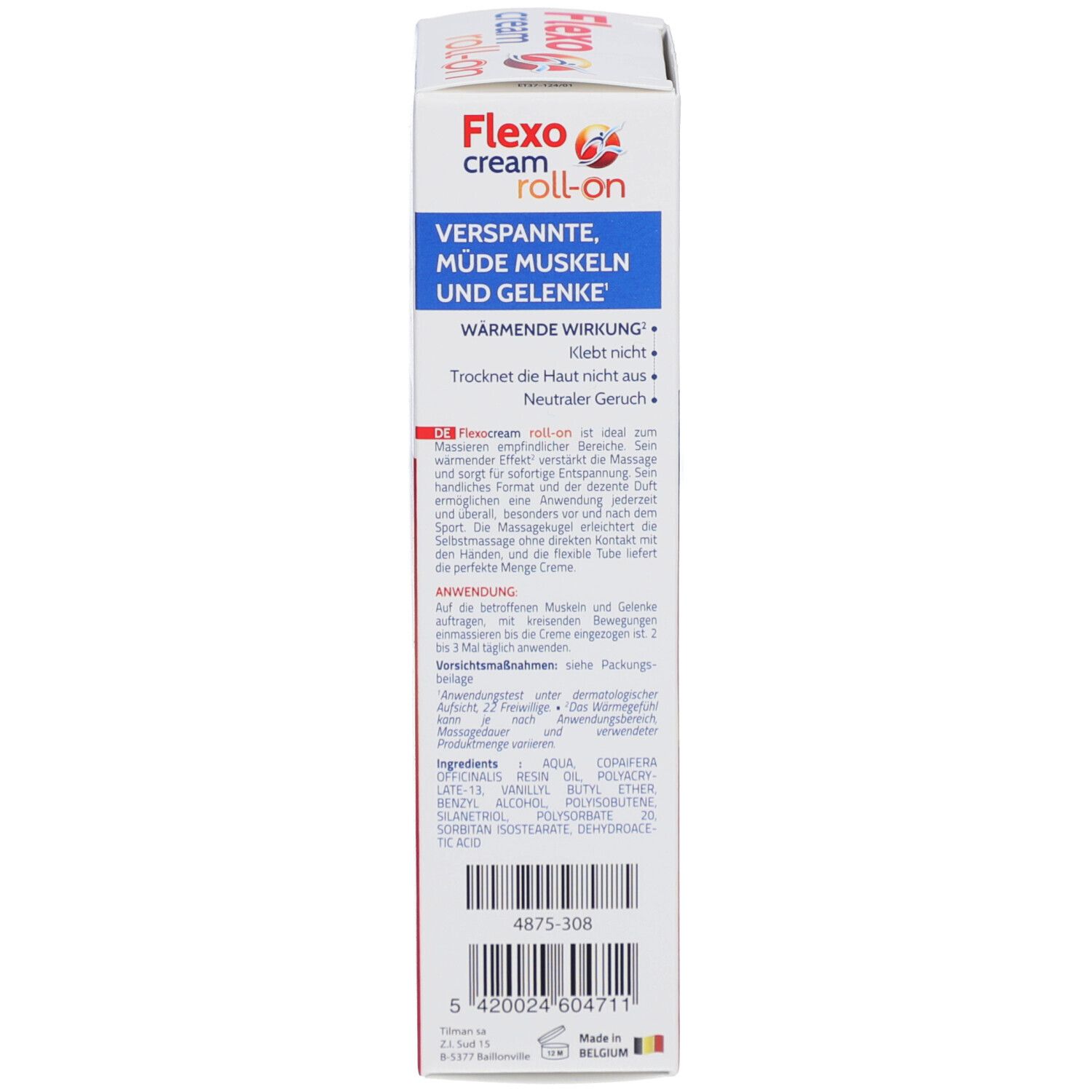 Flexo cream Roll-on Verpackung. Text in Deutsch. Enthält Inhaltsstoffe und Herstellerinformationen.