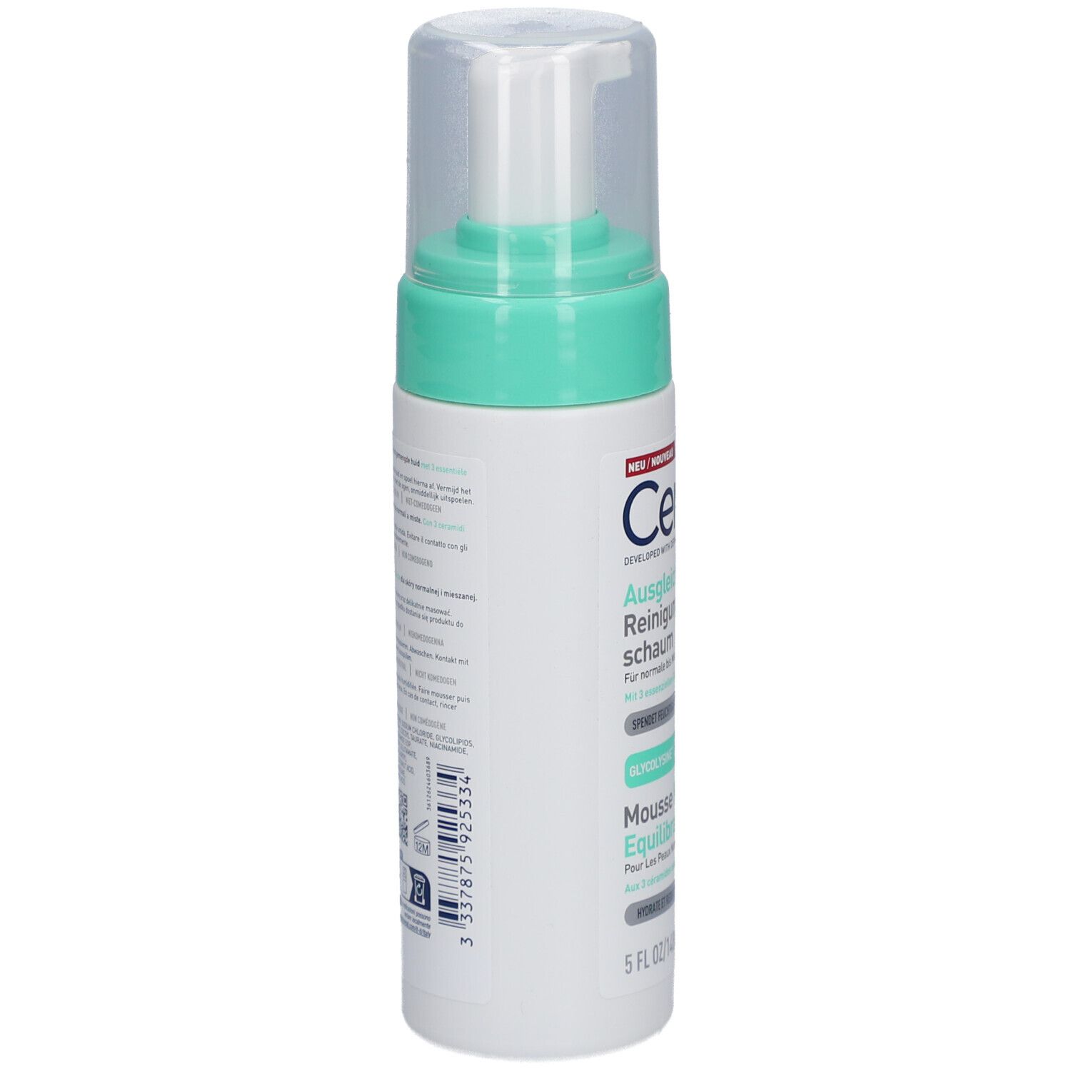 Dos du flacon CeraVe Mousse Nettoyante Équilibrante. Texte multilingue, code QR, ingrédients.